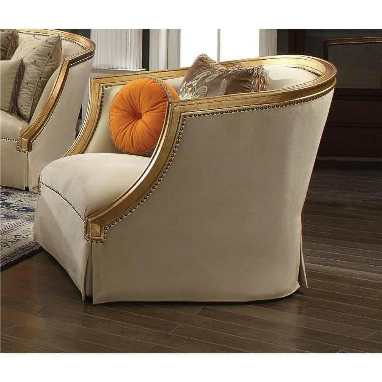 Elegant White Barrel Accent Chair with Wood Trim and Pillows