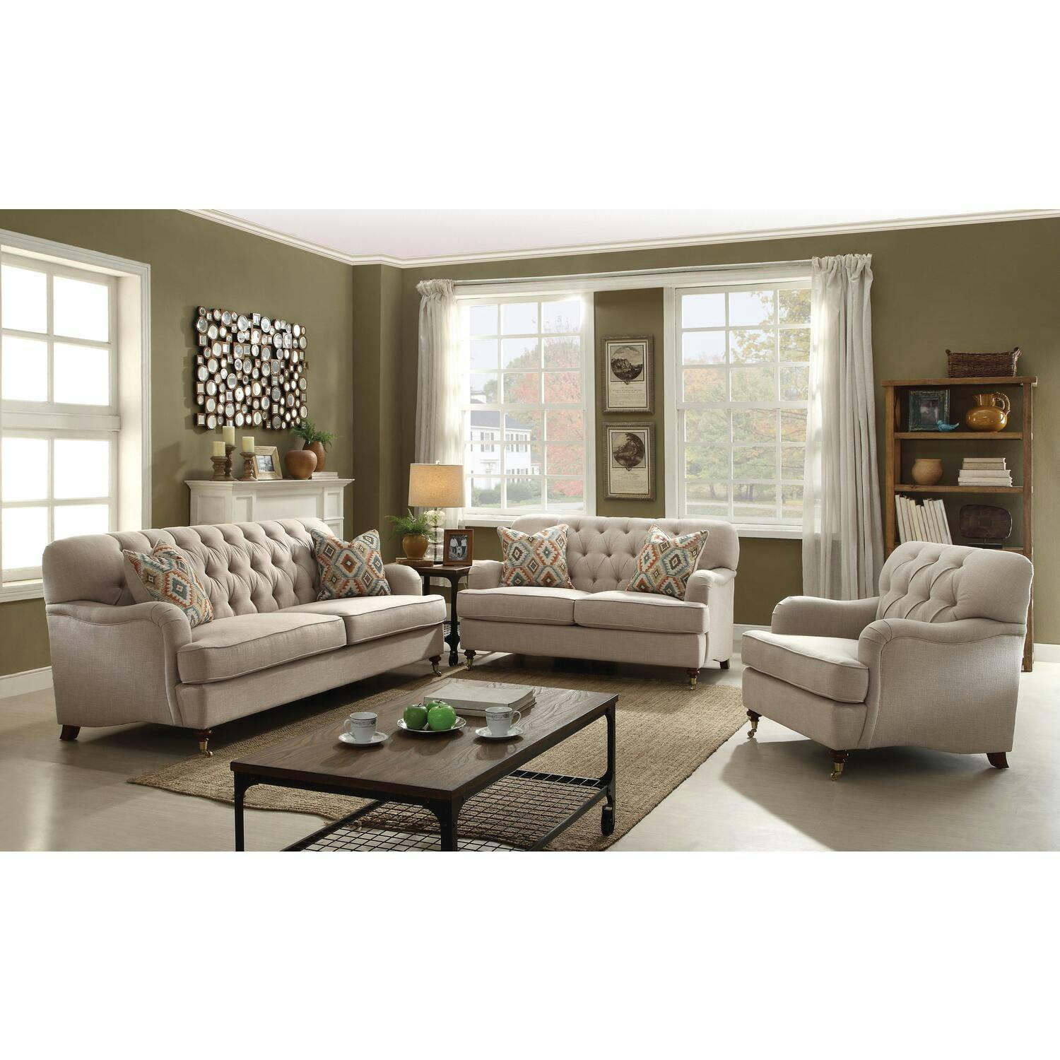 Alianza Classic Tufted Linen Reclining Sofa with Cup Holder in Beige