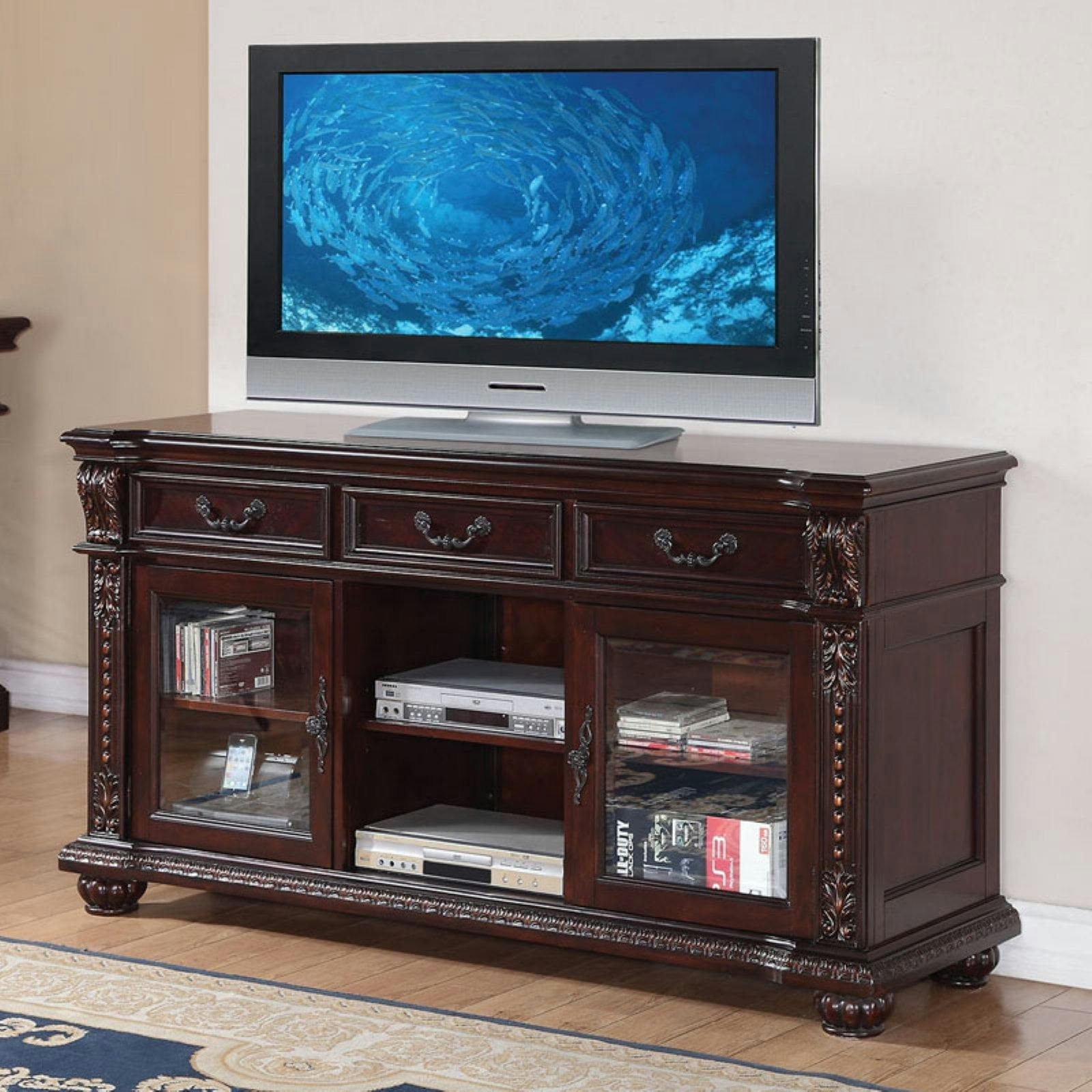 Cherry Finish Elegance 66" Wooden TV Stand with Glass Doors
