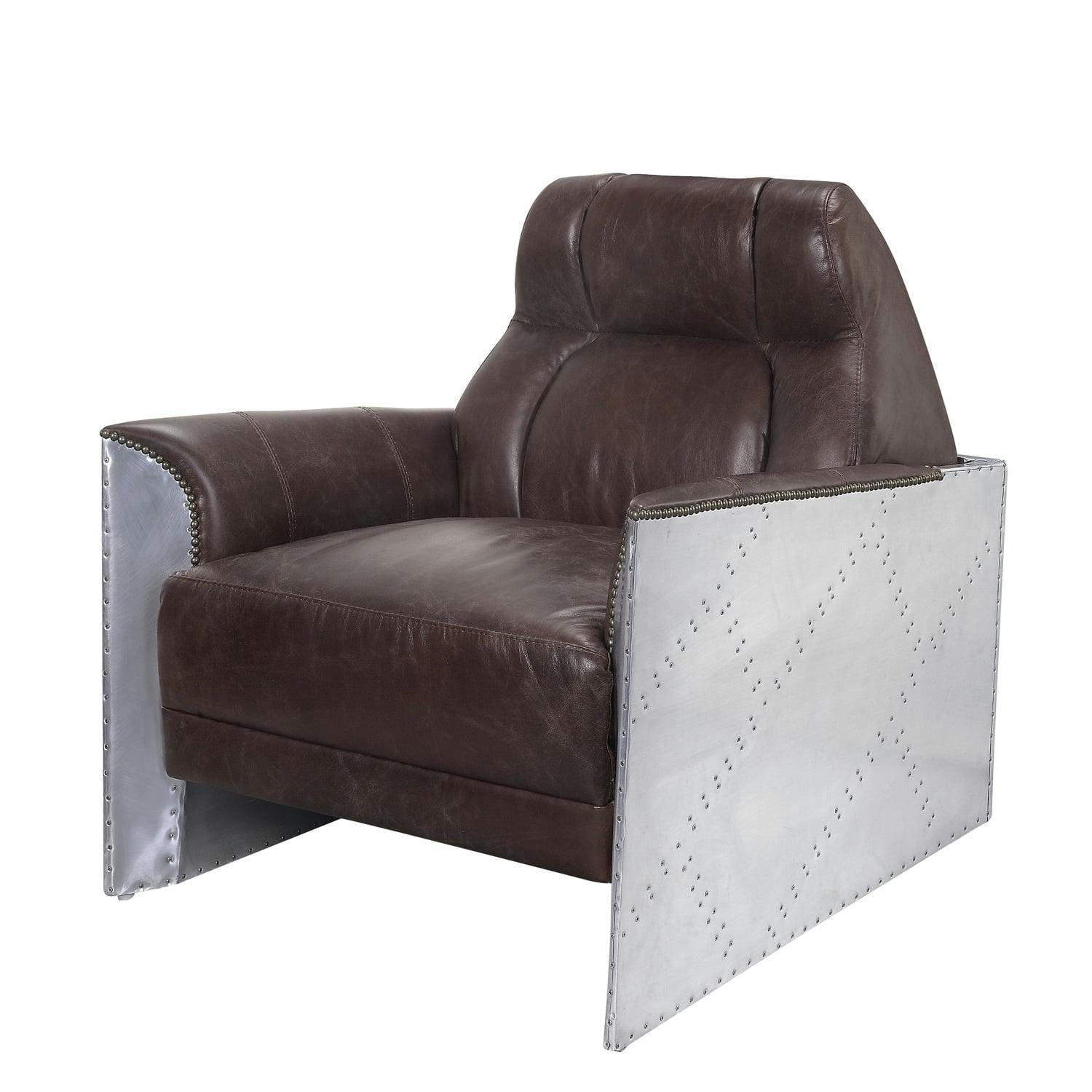 Espresso Top-Grain Leather Accent Chair with Aluminum Details