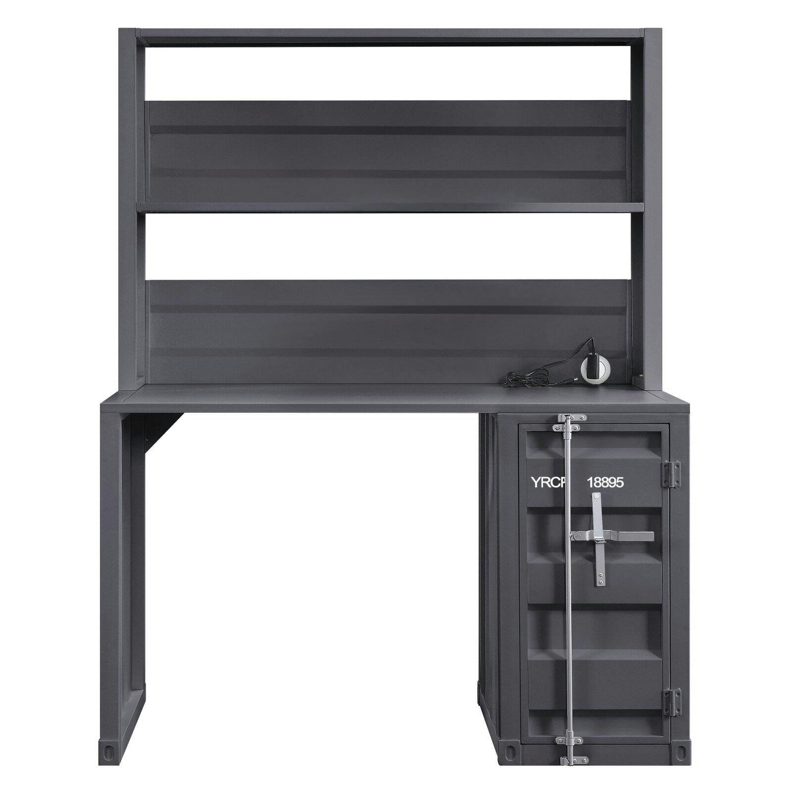 Sleek Gunmetal Black Computer Desk with Hutch and Power Outlet