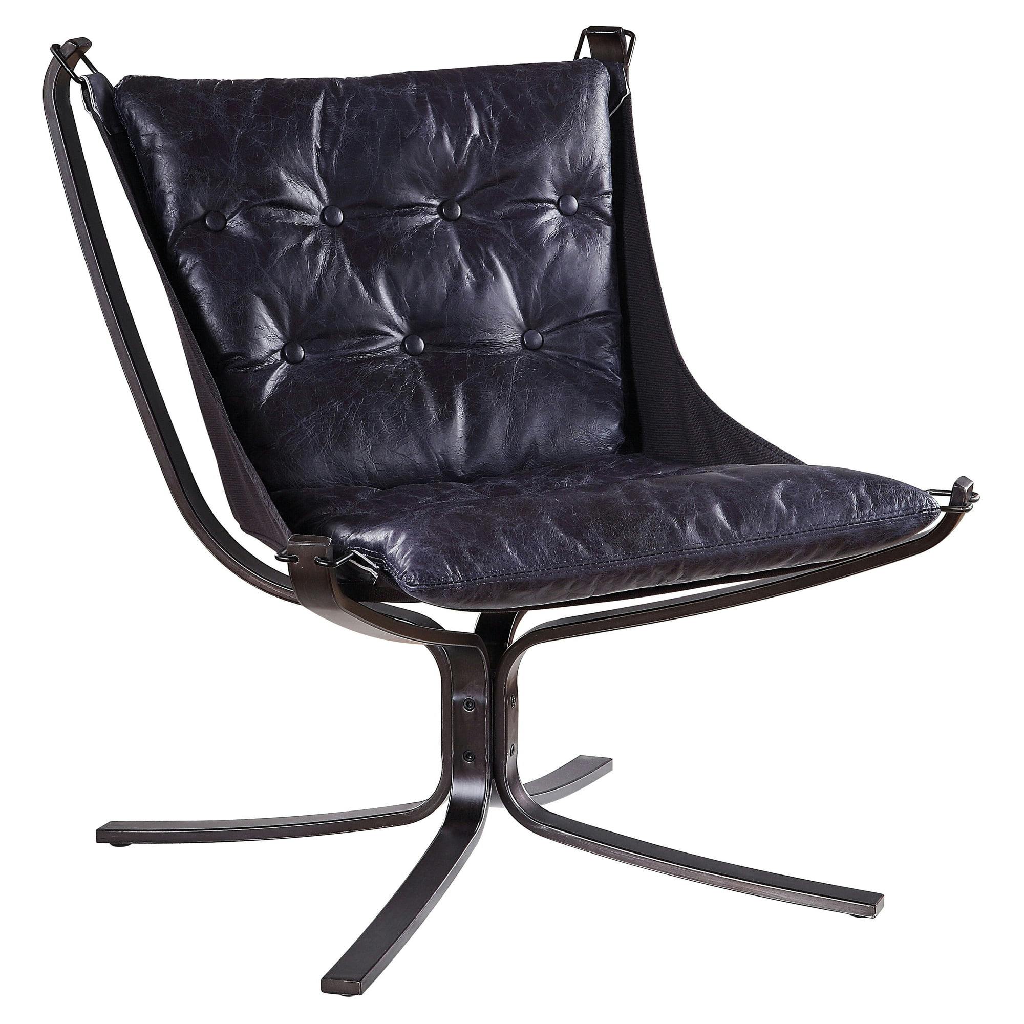 Vintage Blue Button Tuft Top Grain Leather Accent Chair