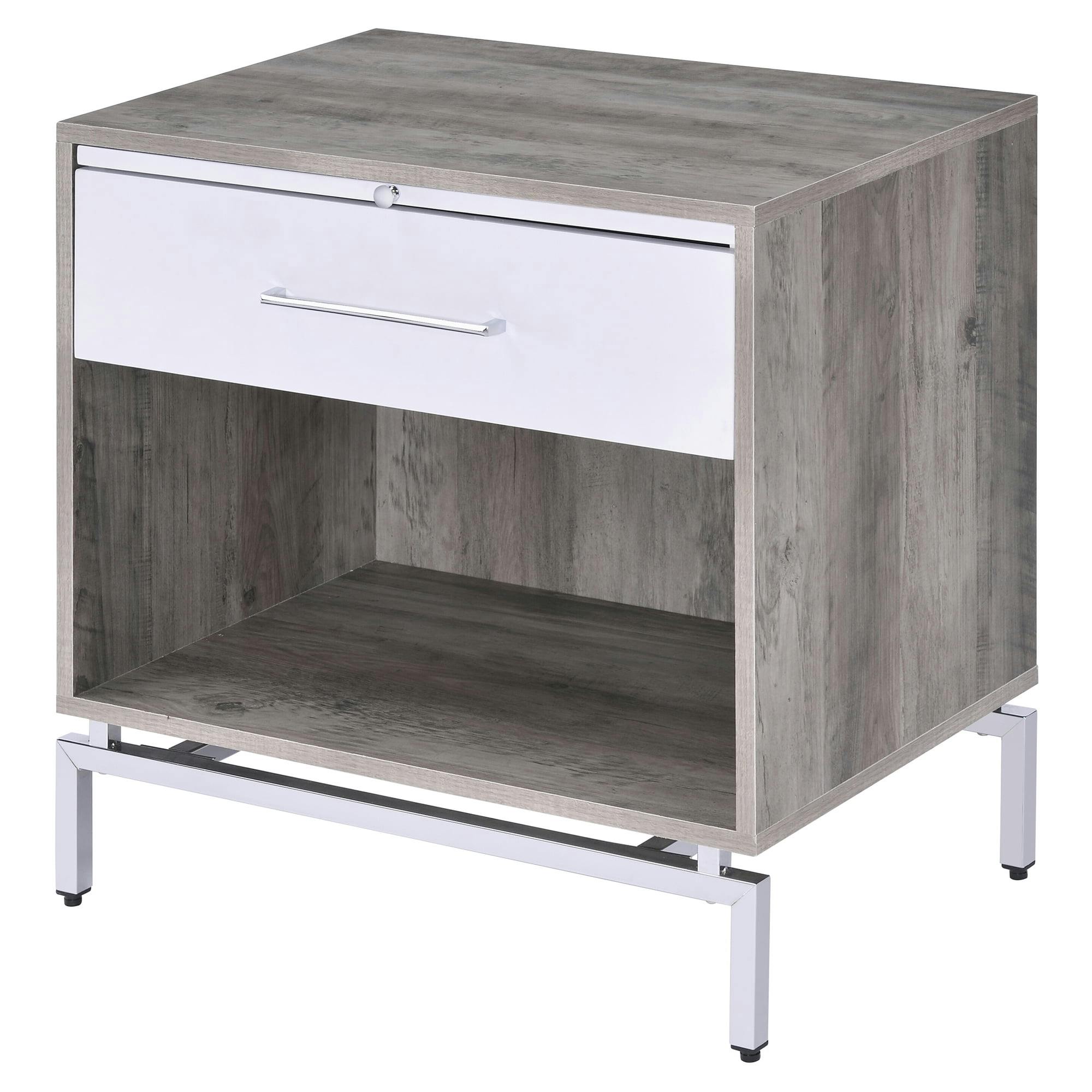 Weathered Gray Oak & White Metal Accent Table with Storage
