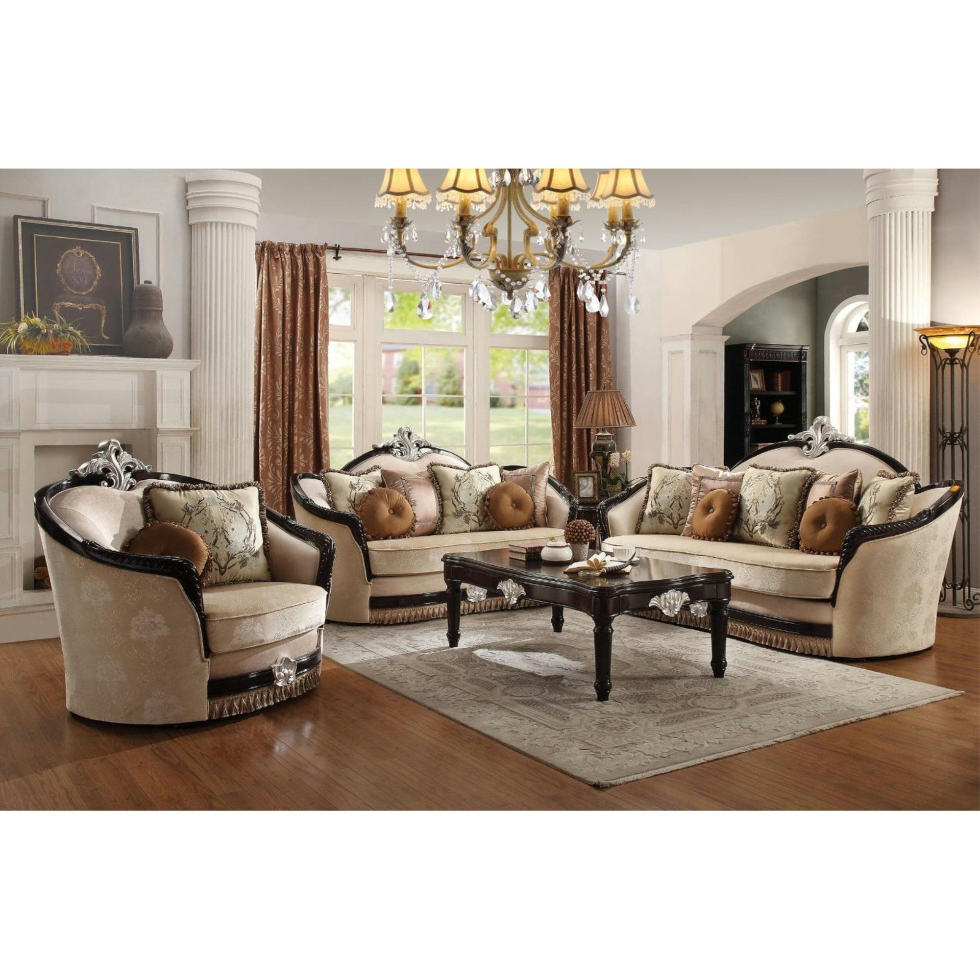 Elegant Traditional Black and Tan Fabric Sofa with Wooden Accents