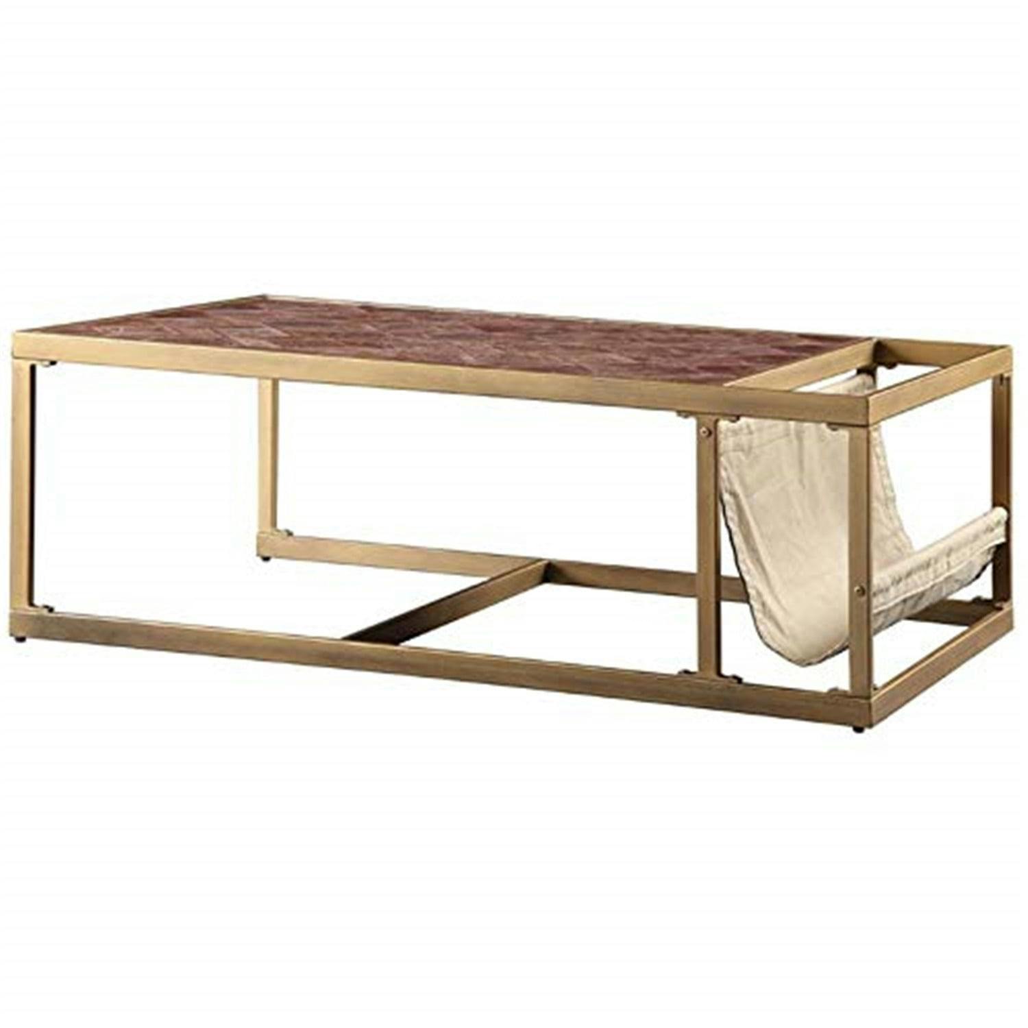 Genevieve Retro Brown Leather and Brass Metal Coffee Table with Storage