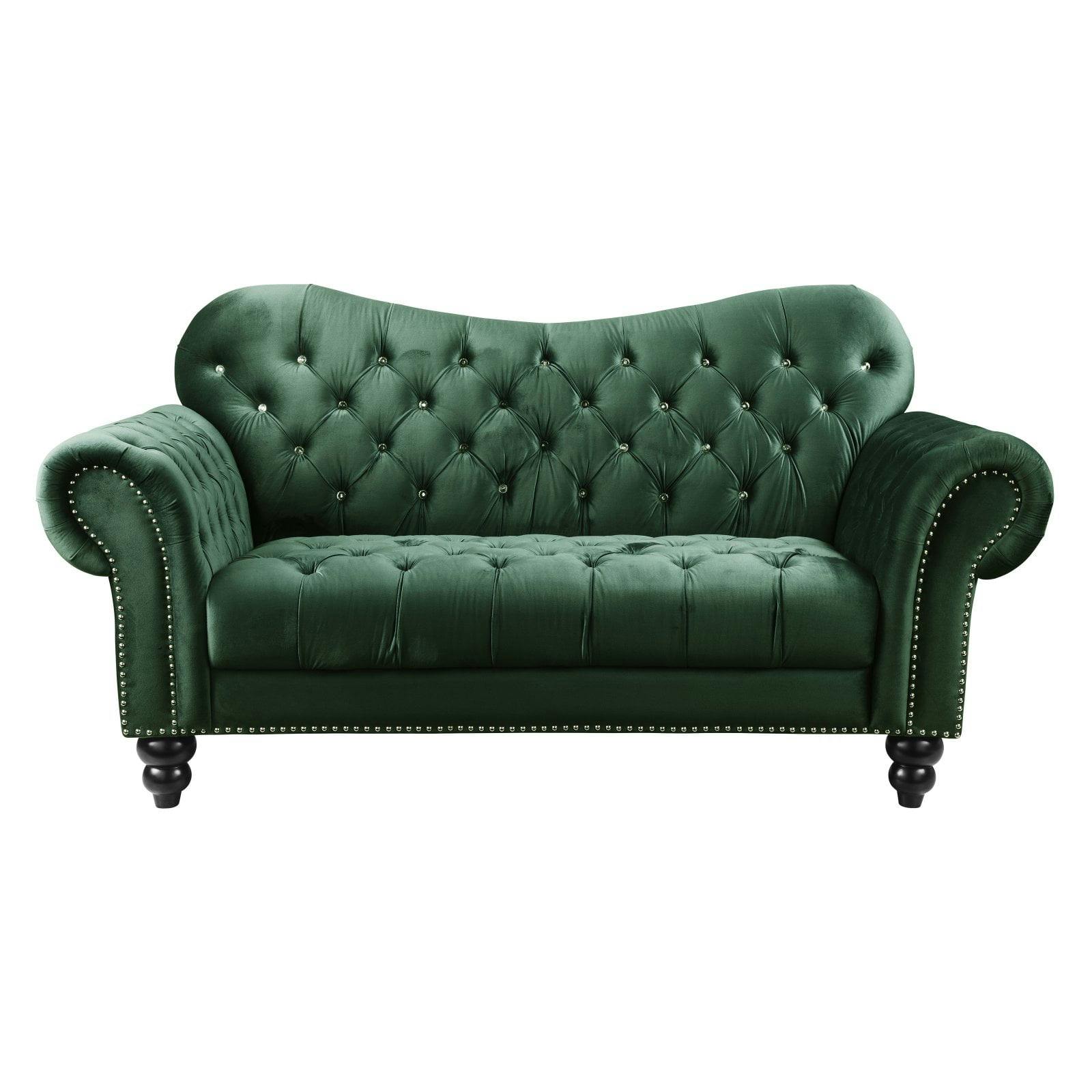 Elegant Blue Velvet Chesterfield Loveseat with Nailhead Trim and Rolled Arms