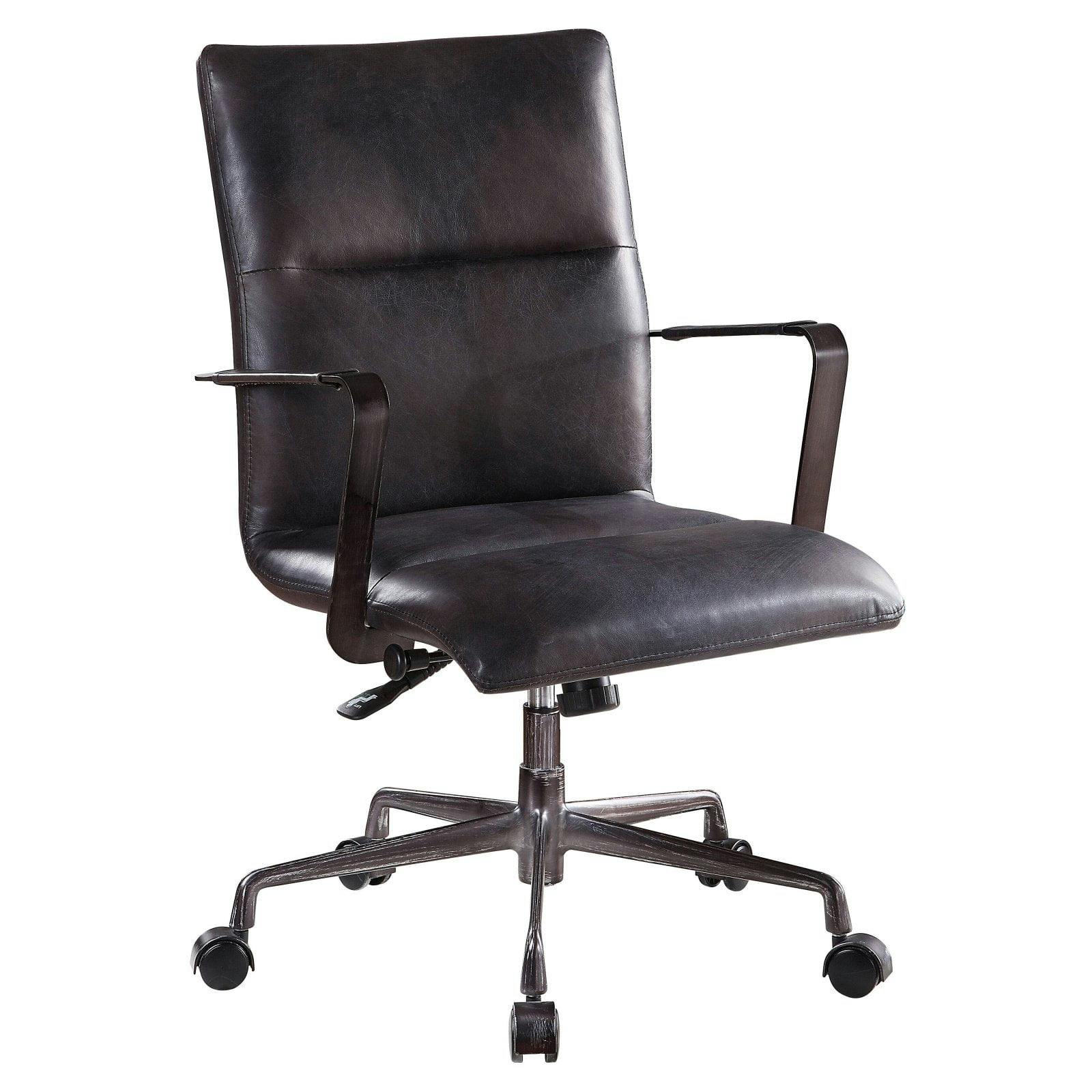 Onyx Black Top Grain Leather Executive Swivel Chair with Metal Wood Accents