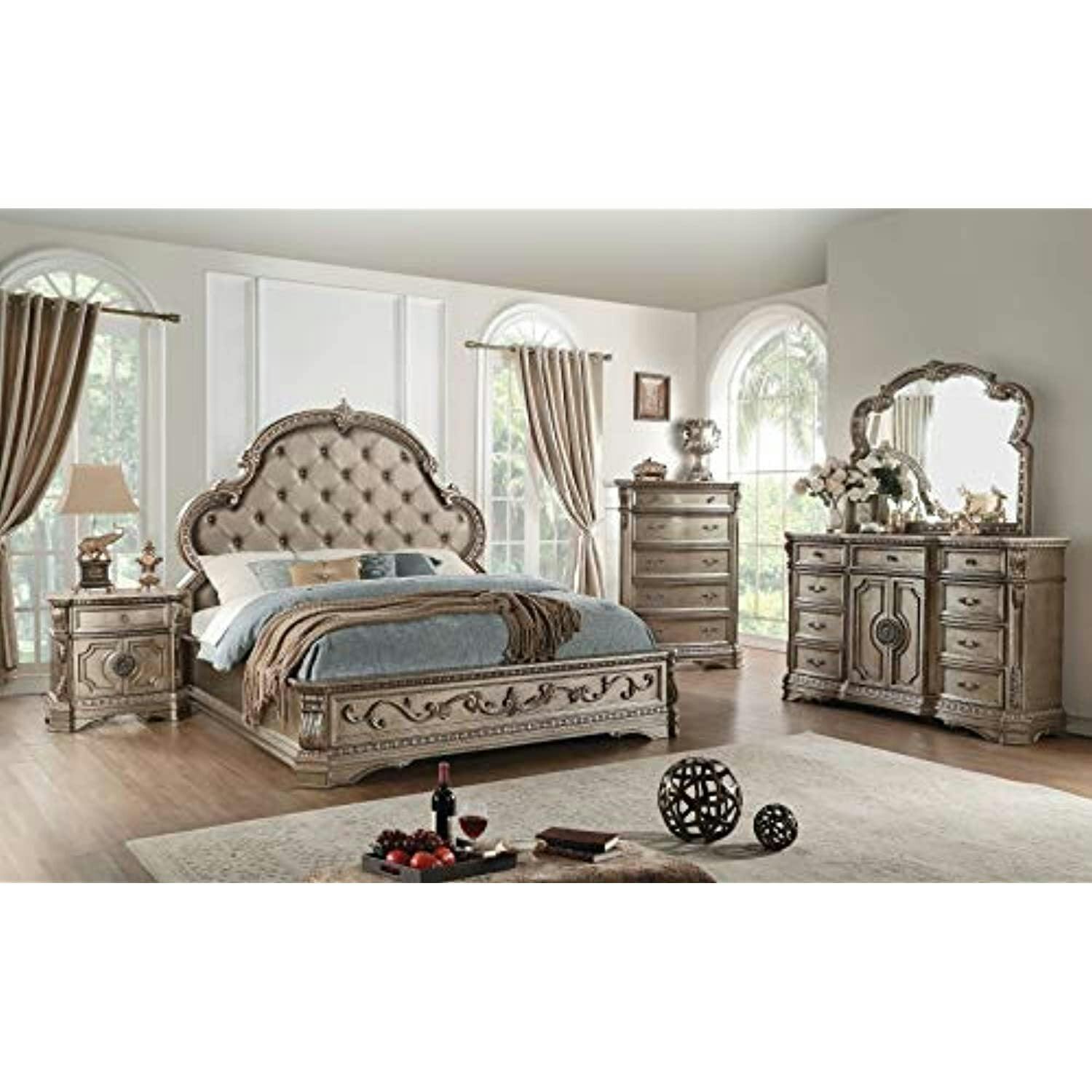 King-Sized Mahogany Wood Frame Upholstered Bed with Tufted Nailhead Trim