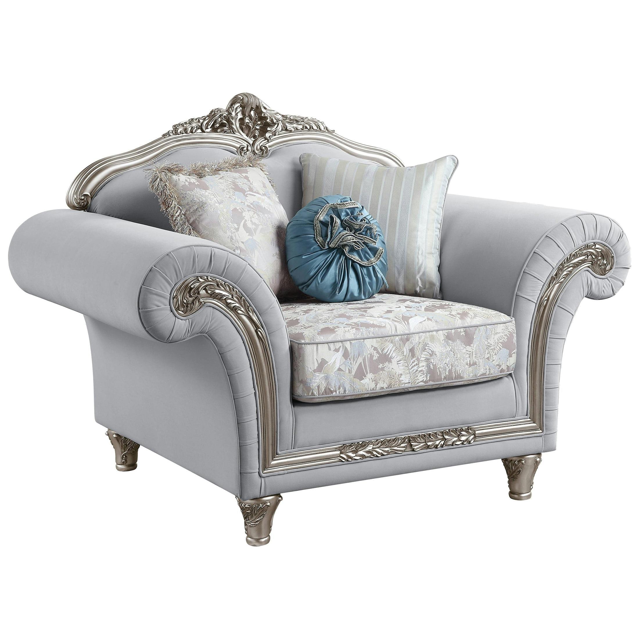Luxurious Gray Linen & Platinum Wood Trim Accent Chair with Pillows