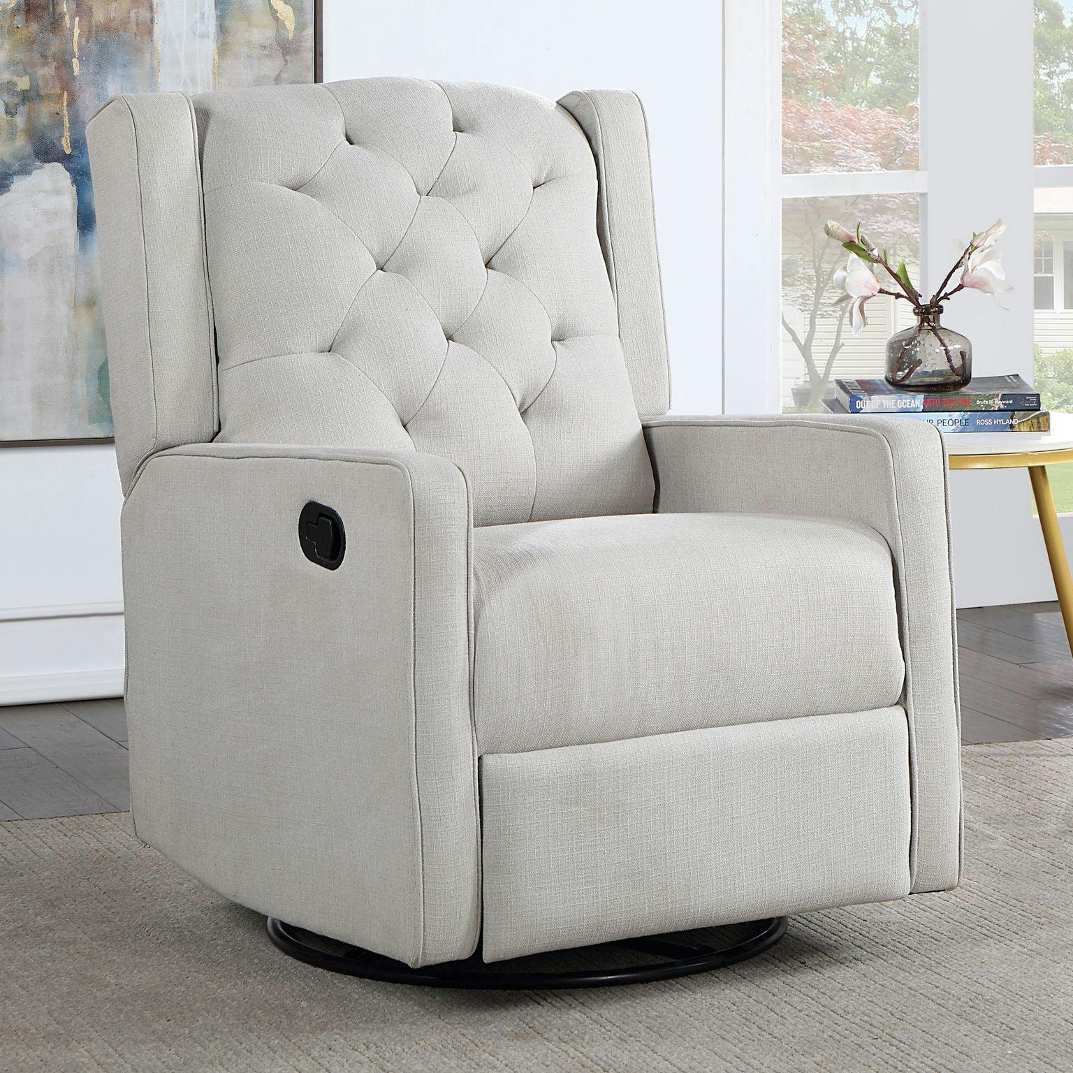 Gray Microfiber Manual Swivel Recliner with Wood Accents