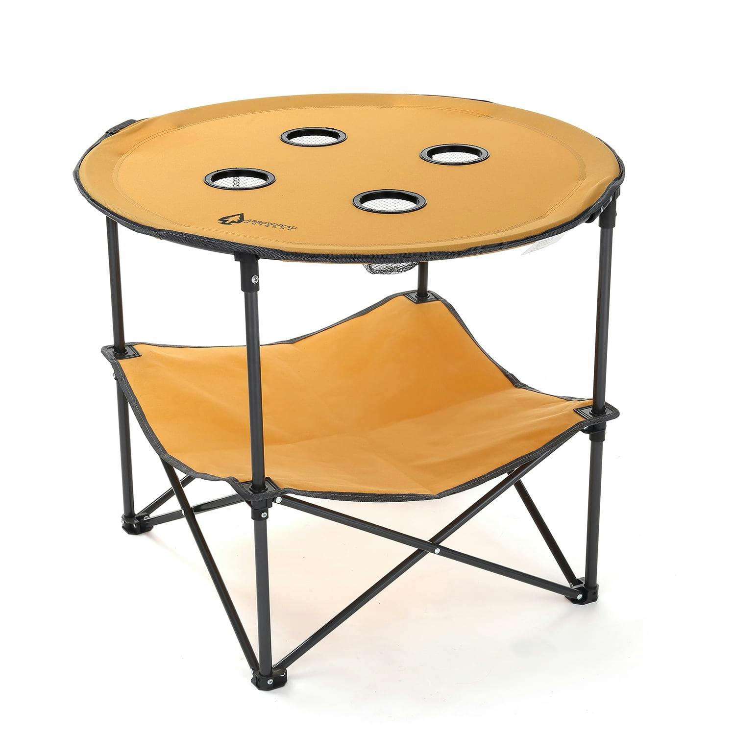 Arrowhead 28" Round Portable Folding Table with Storage - Tan