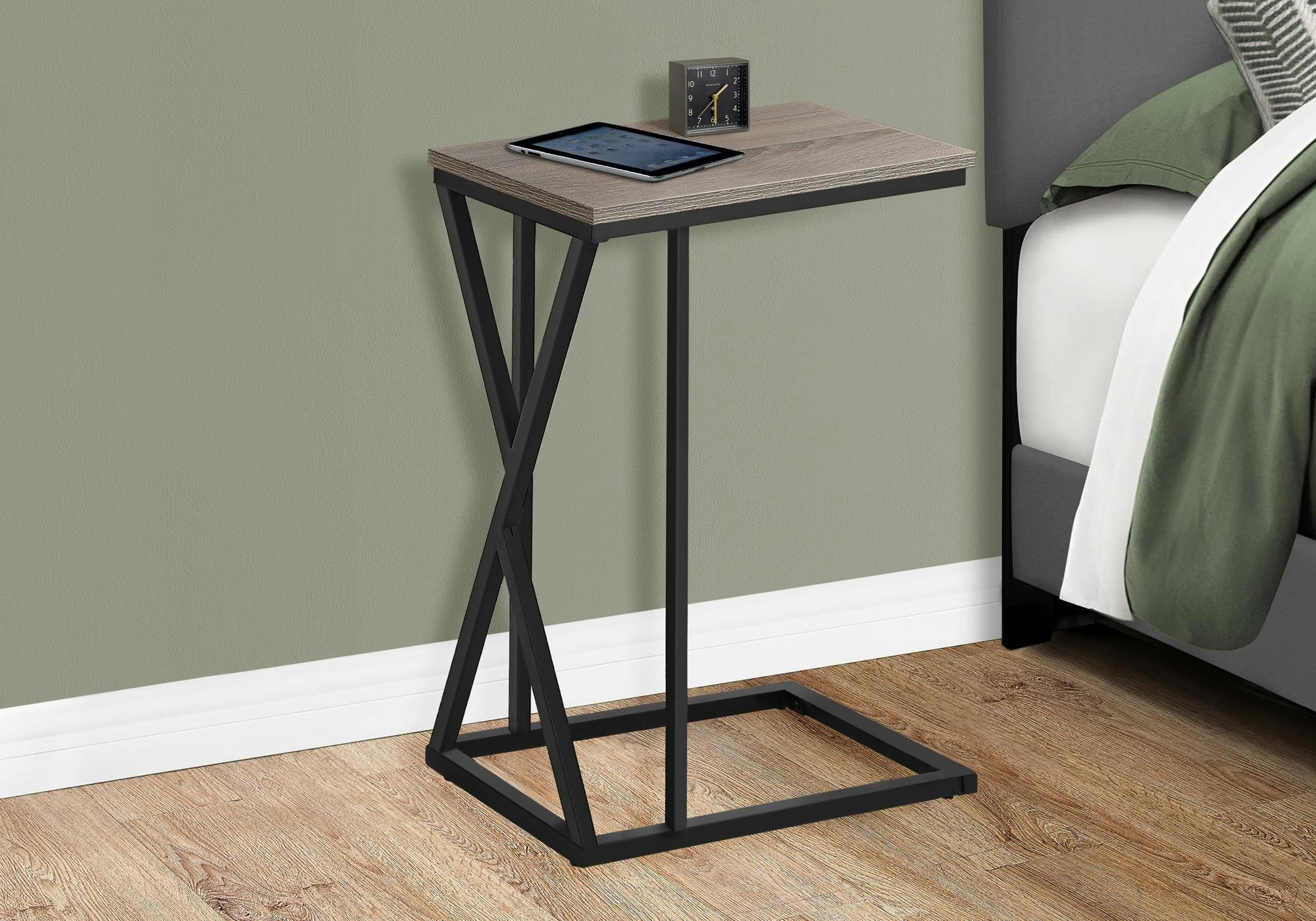 Modern Contemporary C-Shaped Black Metal & Woodgrain Accent Table