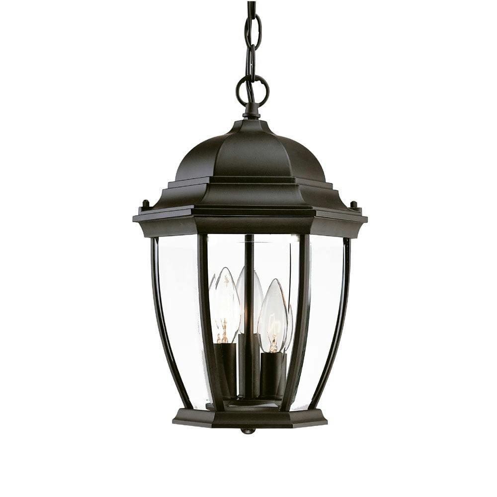 Stately Matte Black Outdoor Pendant Light with Clear Beveled Glass