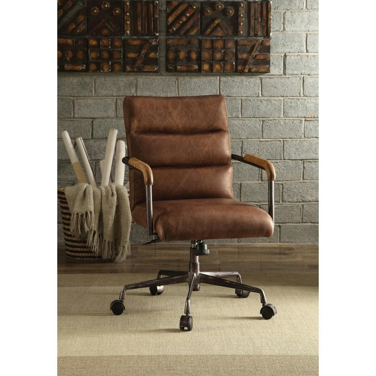 Harith Retro Brown Top Grain Leather Swivel Office Chair