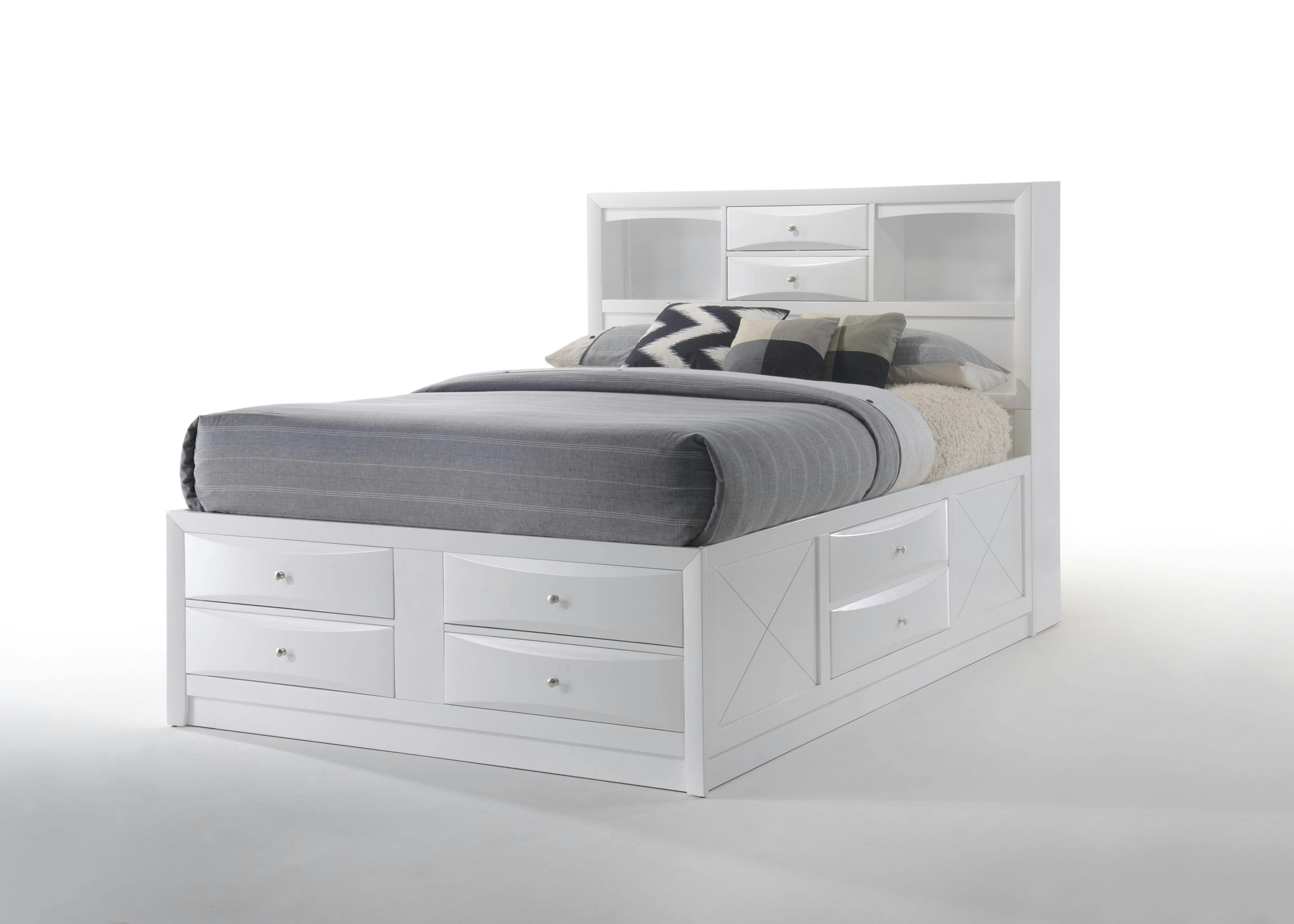 Elegant Full-Size White Wood Frame Storage Bed with Bookcase Headboard