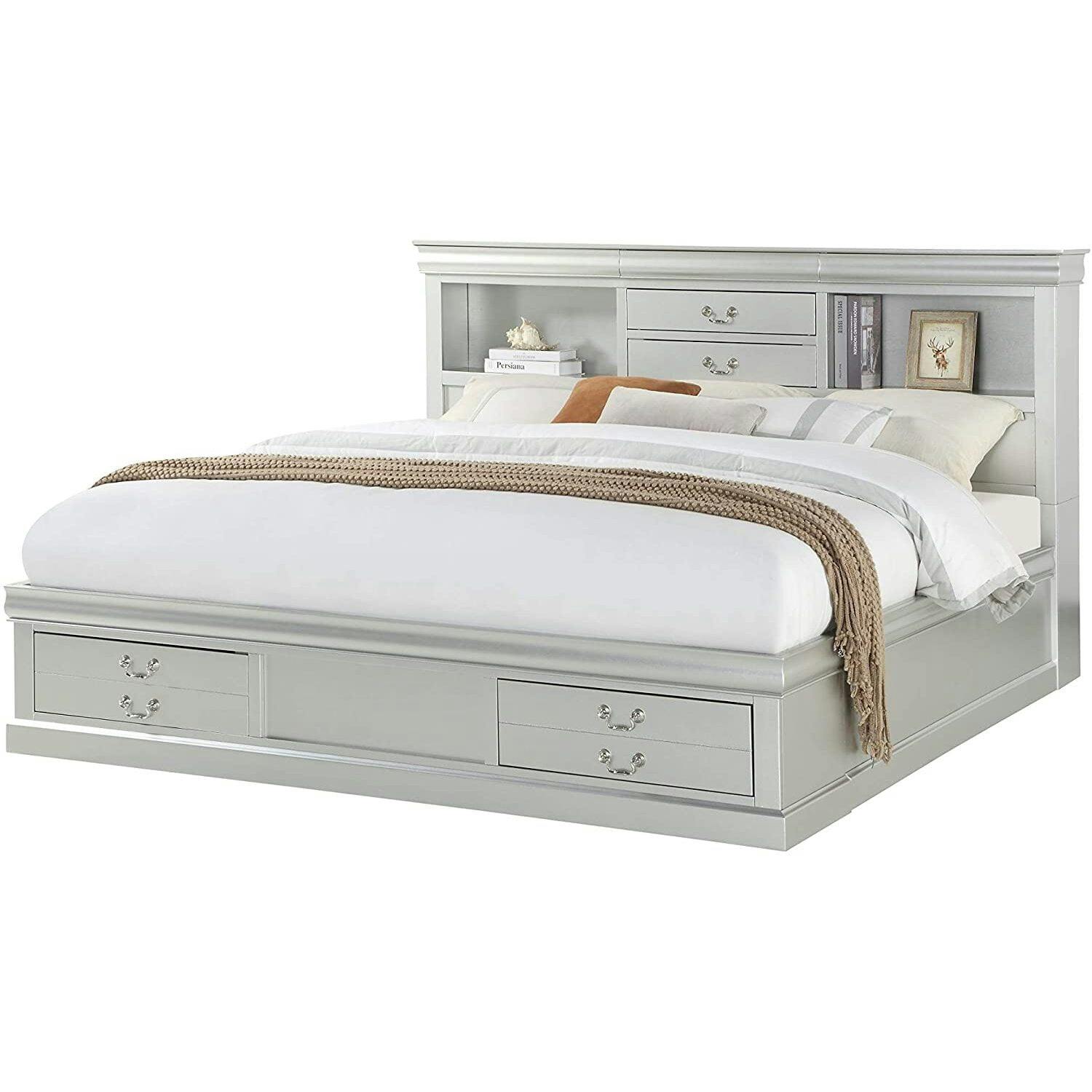 Elegant Platinum Queen Storage Bed with Upholstered Bookcase Headboard