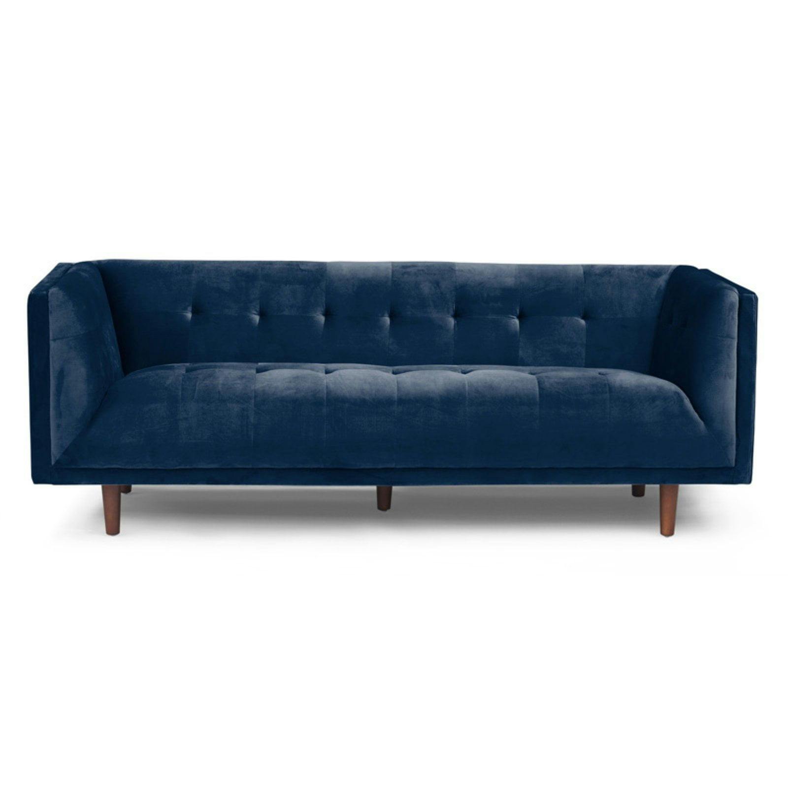 Cecily 82'' Sapphire Blue Velvet Tufted Sofa with Pecan Wood Legs