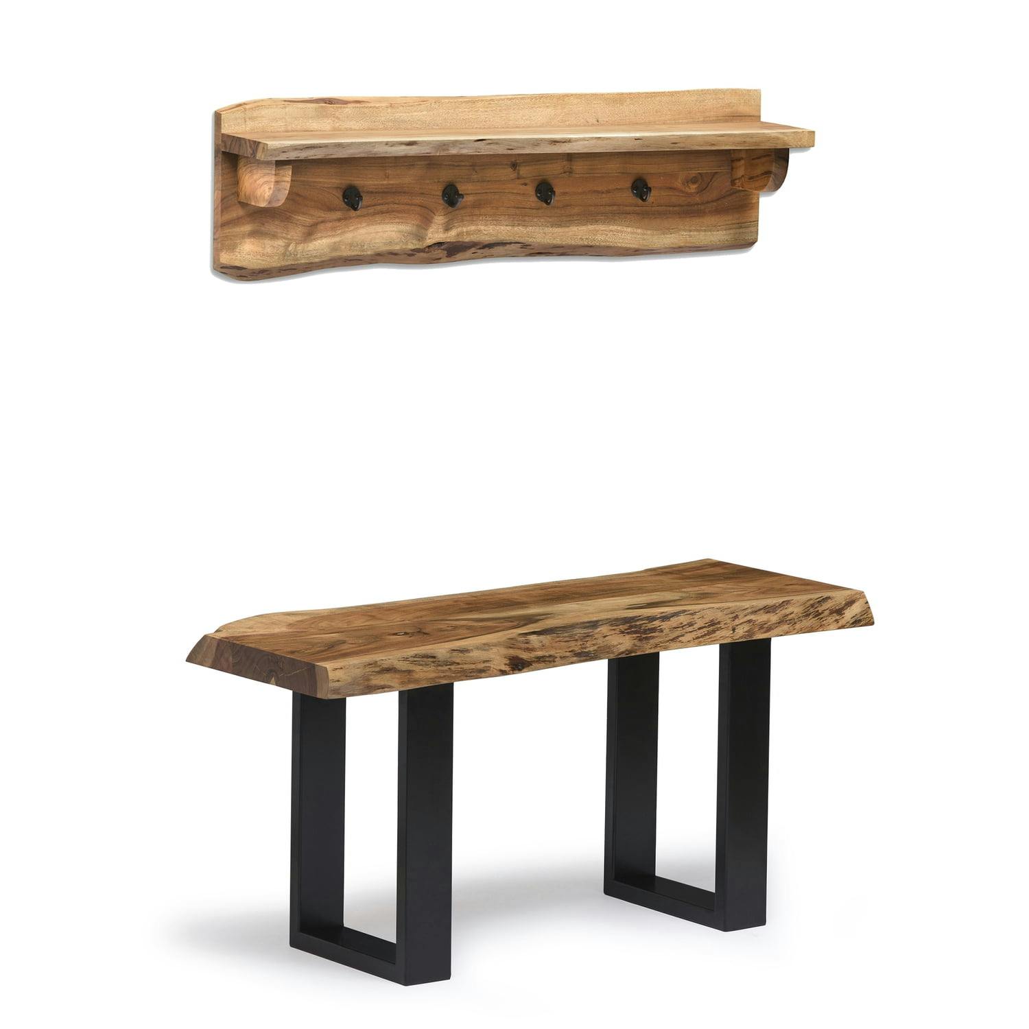 Alpine Natural Acacia Wood 39" Bench with Live Edge and Metal Coat Hooks