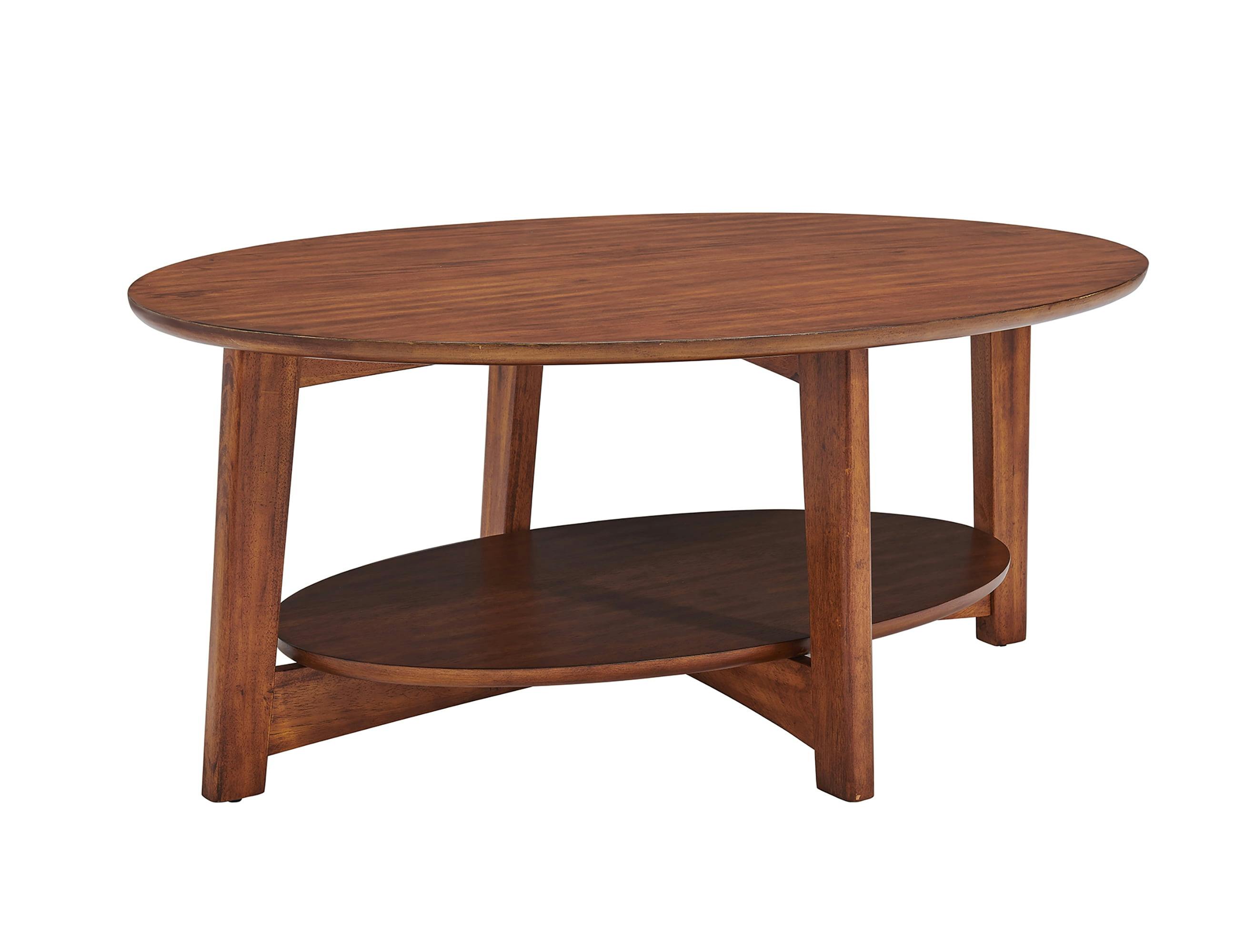 Elegant Oval Mid-Century Chestnut Wood Coffee Table with Floating Shelf