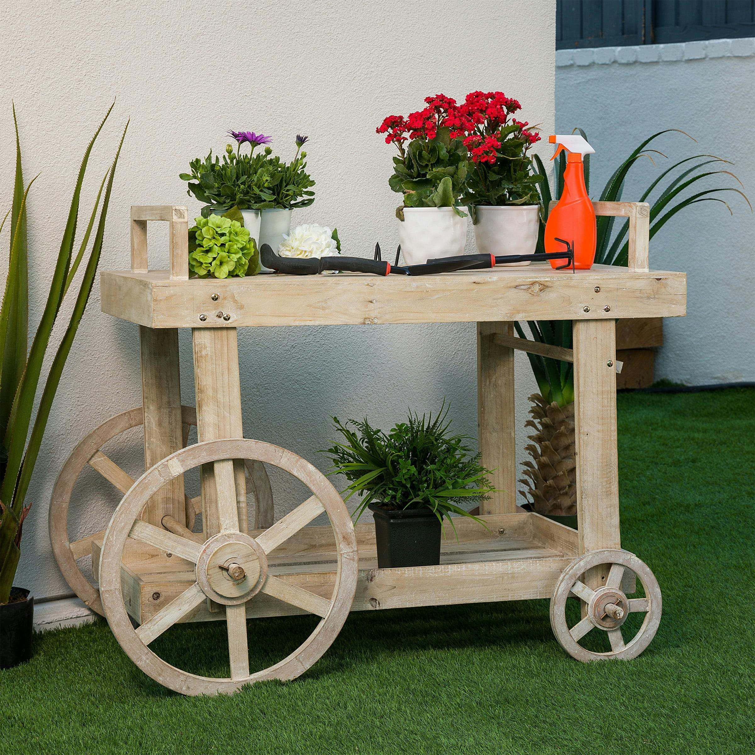 Rustic Multi-Color Wooden Garden Cart Display with Wheels
