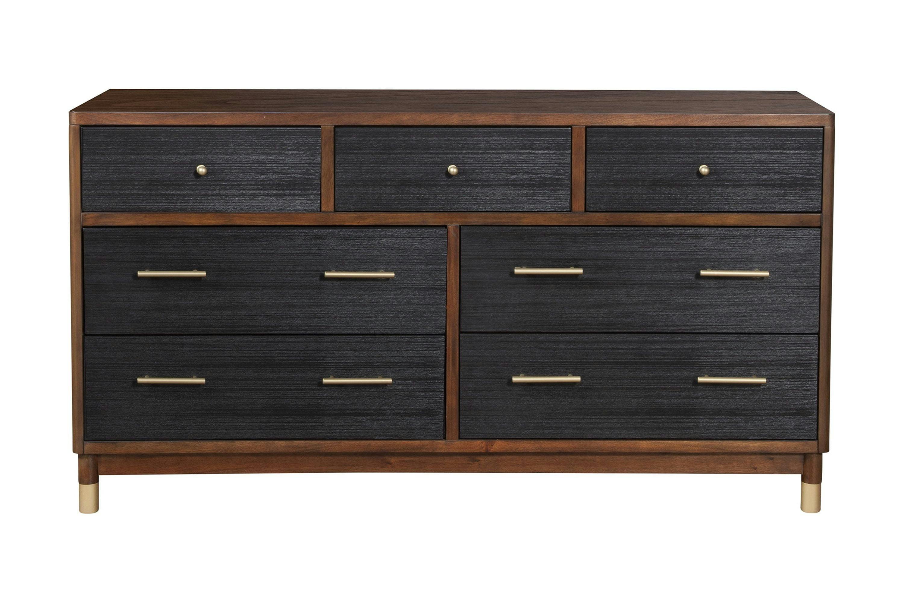 Belham Transitional 7-Drawer Dresser in Black/Brown with Rattan Fronts