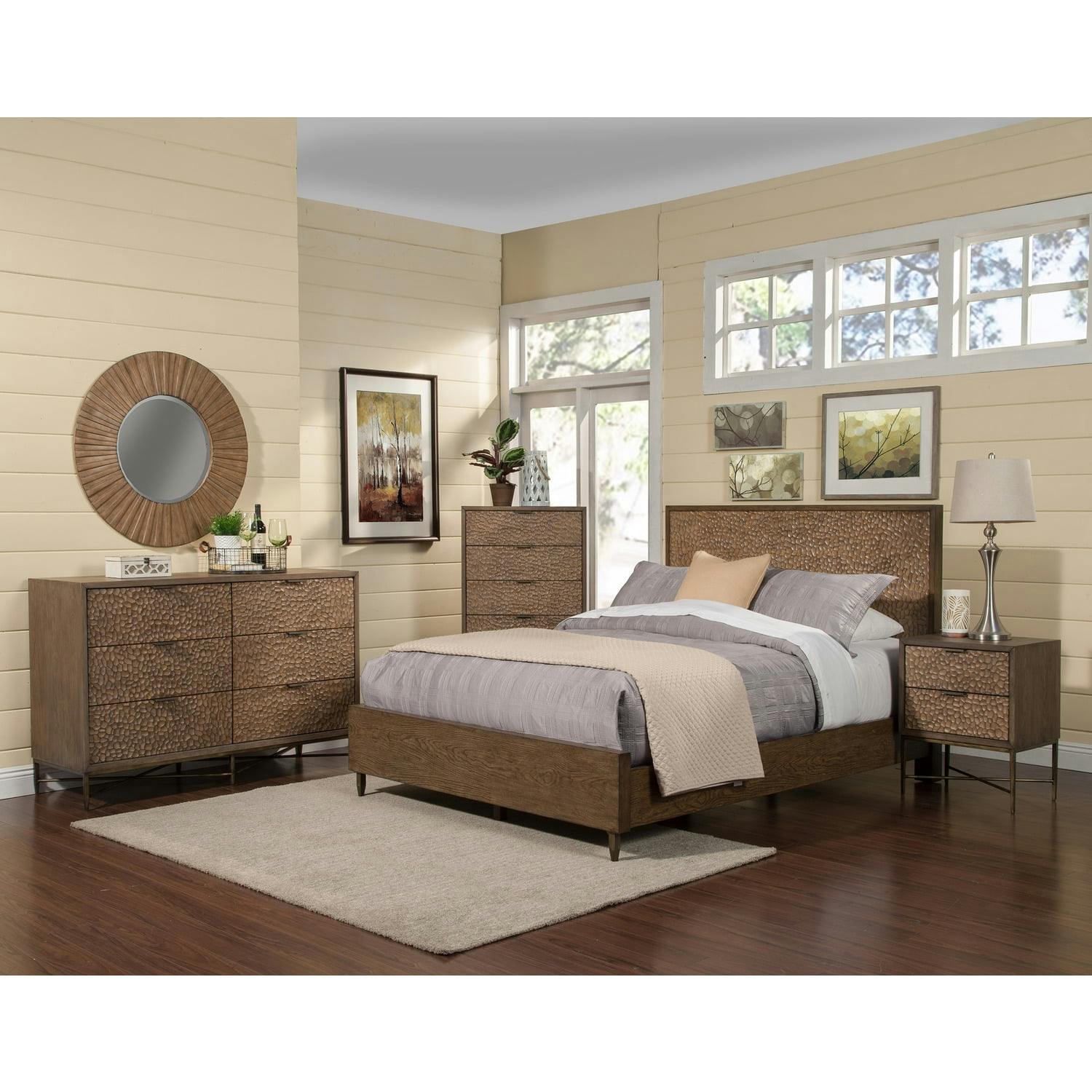 Transitional Brown Pearl Queen Panel Bed with Drawer