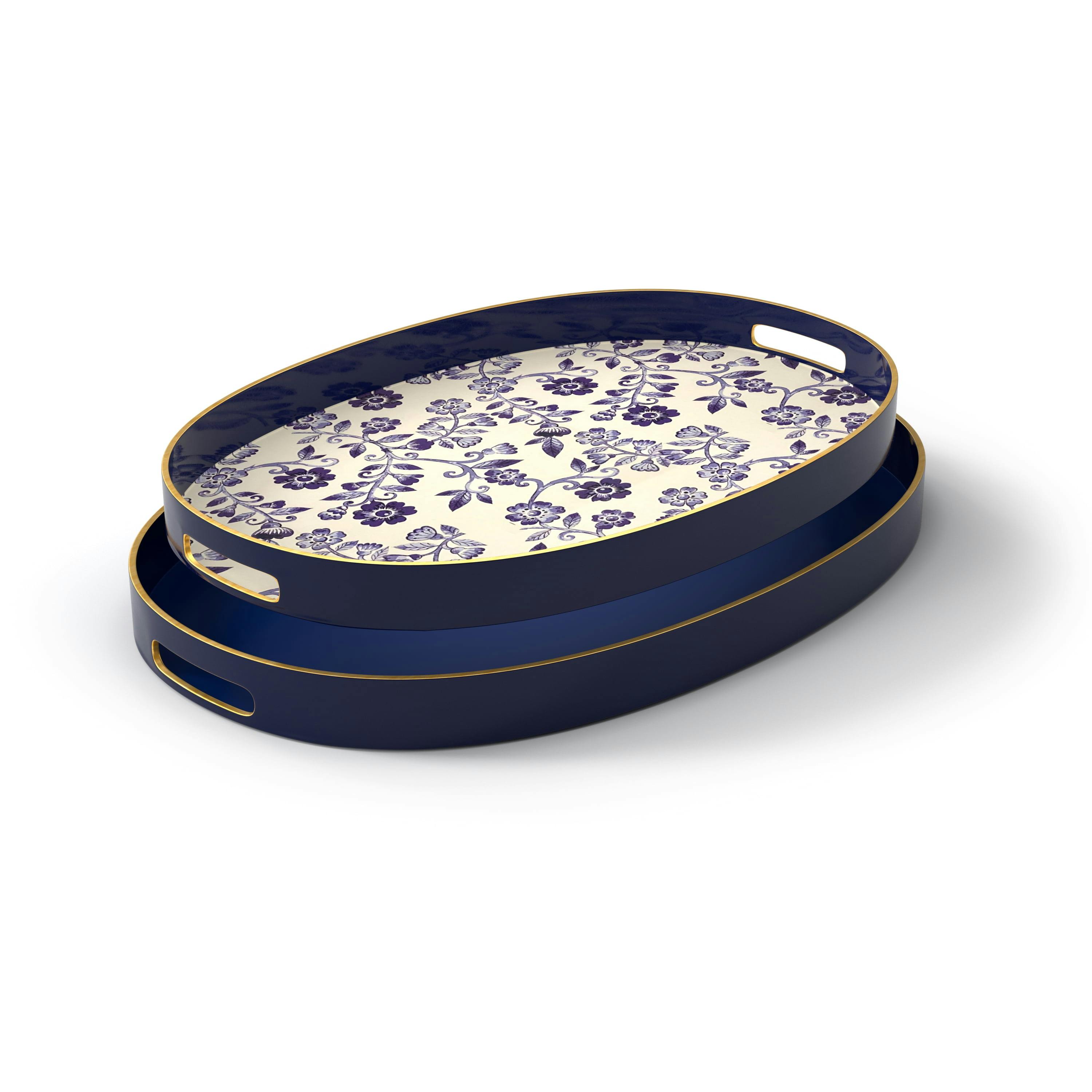 Elegant Blue and Floral Oval Serving Trays with Gold Rim, 2-Piece Set
