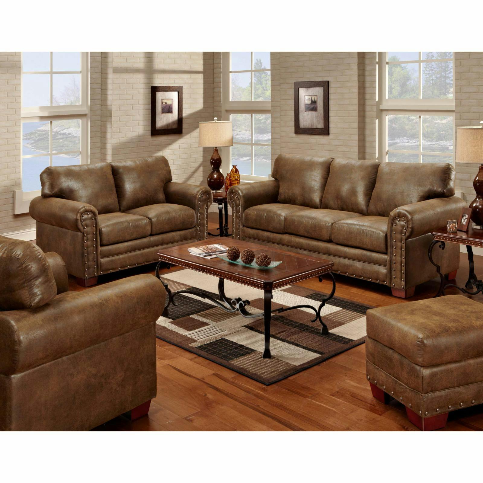 Buckskin Brown Faux Leather Sofa Set with Ottoman and Nailhead Accents