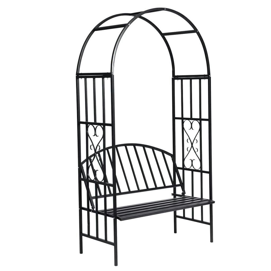 Charming Black Stainless Metal Garden Rose Arch with Bench