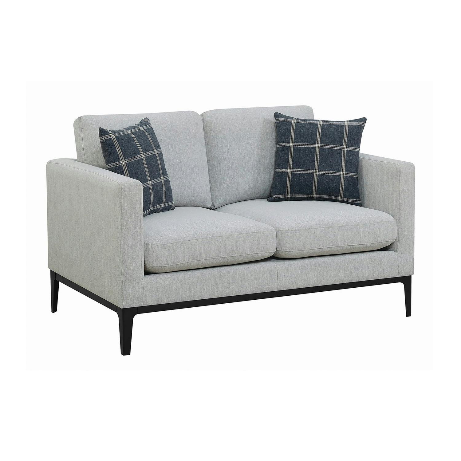 Apperson 56" Gray Linen and Wood Transitional Loveseat with Plaid Pillows