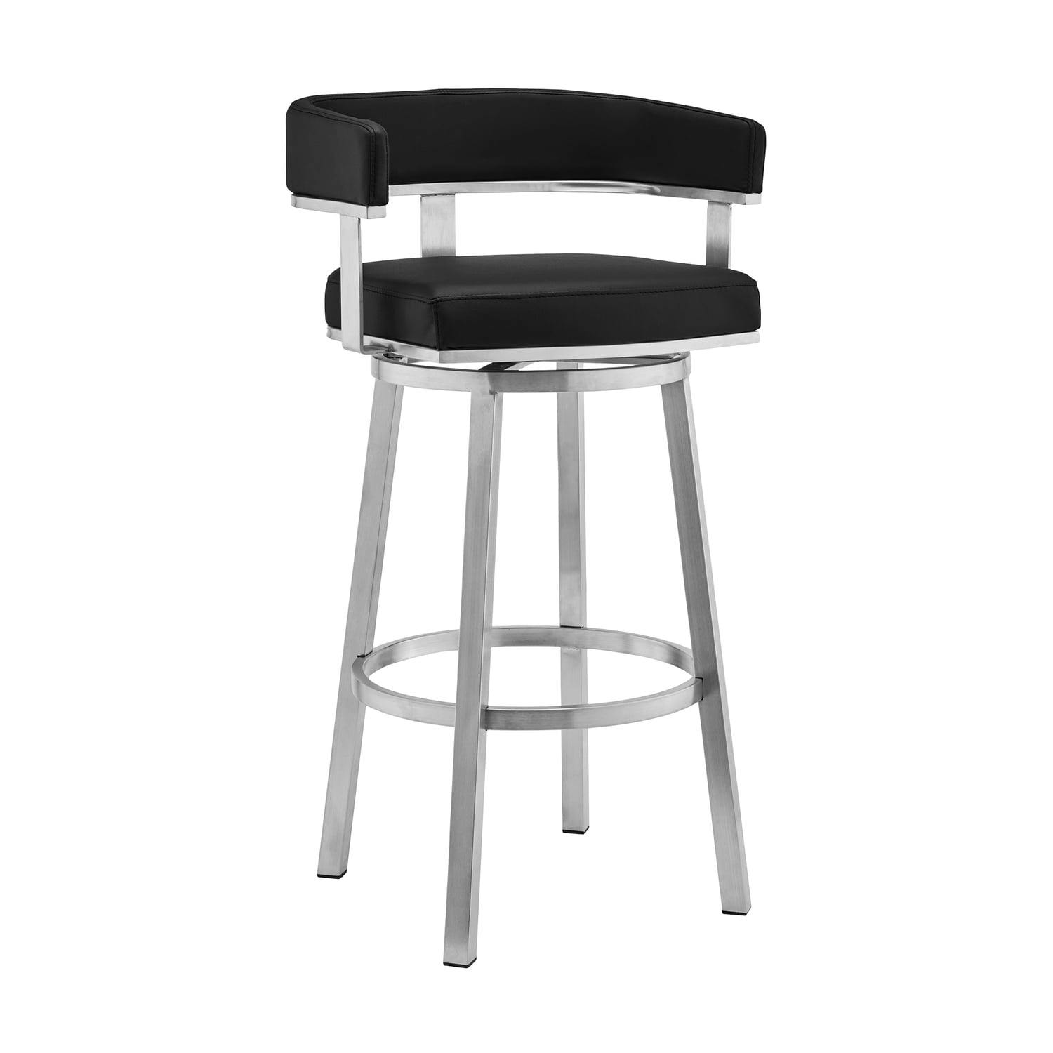 Contemporary 26" Black Faux Leather Swivel Counter Stool with Stainless Steel Base