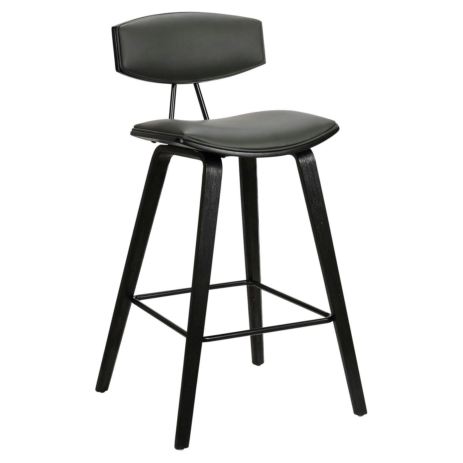 Fox Mid-Century Modern Gray Faux Leather & Brushed Black Wood Barstool