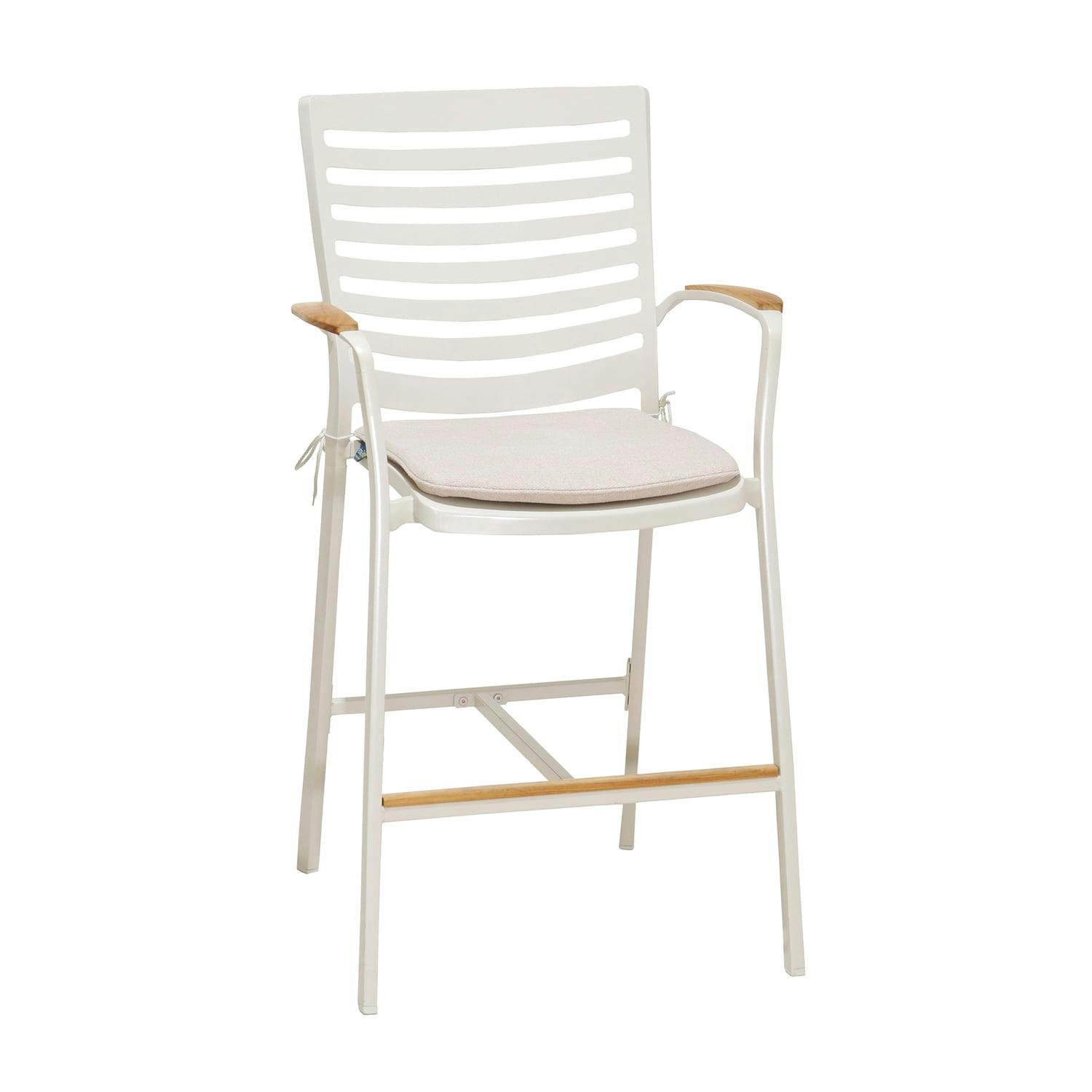 Contemporary Beige and White Bar Stool with Teak Wood Accents