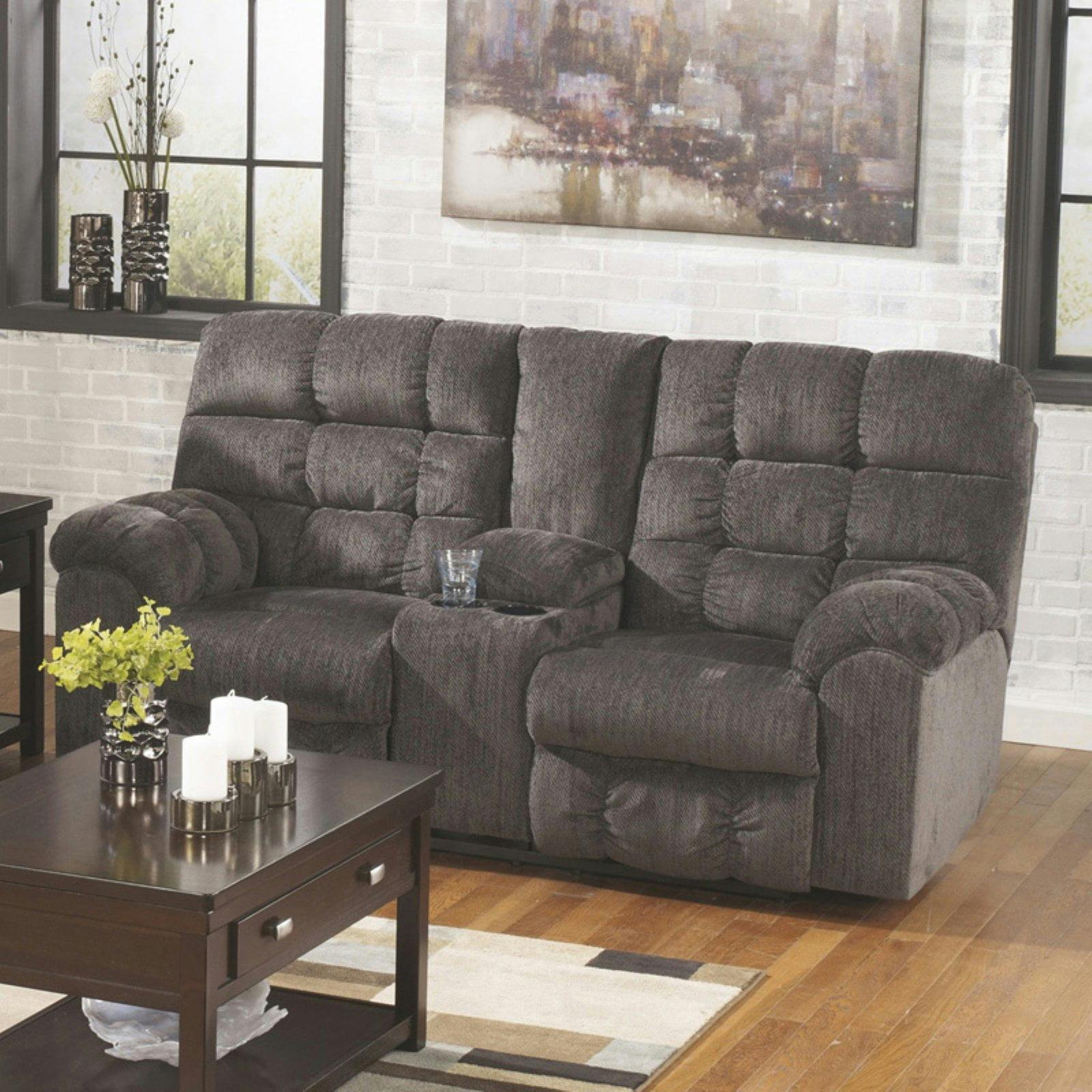 Contemporary Gray Fabric Reclining Loveseat with Storage and Cup Holders