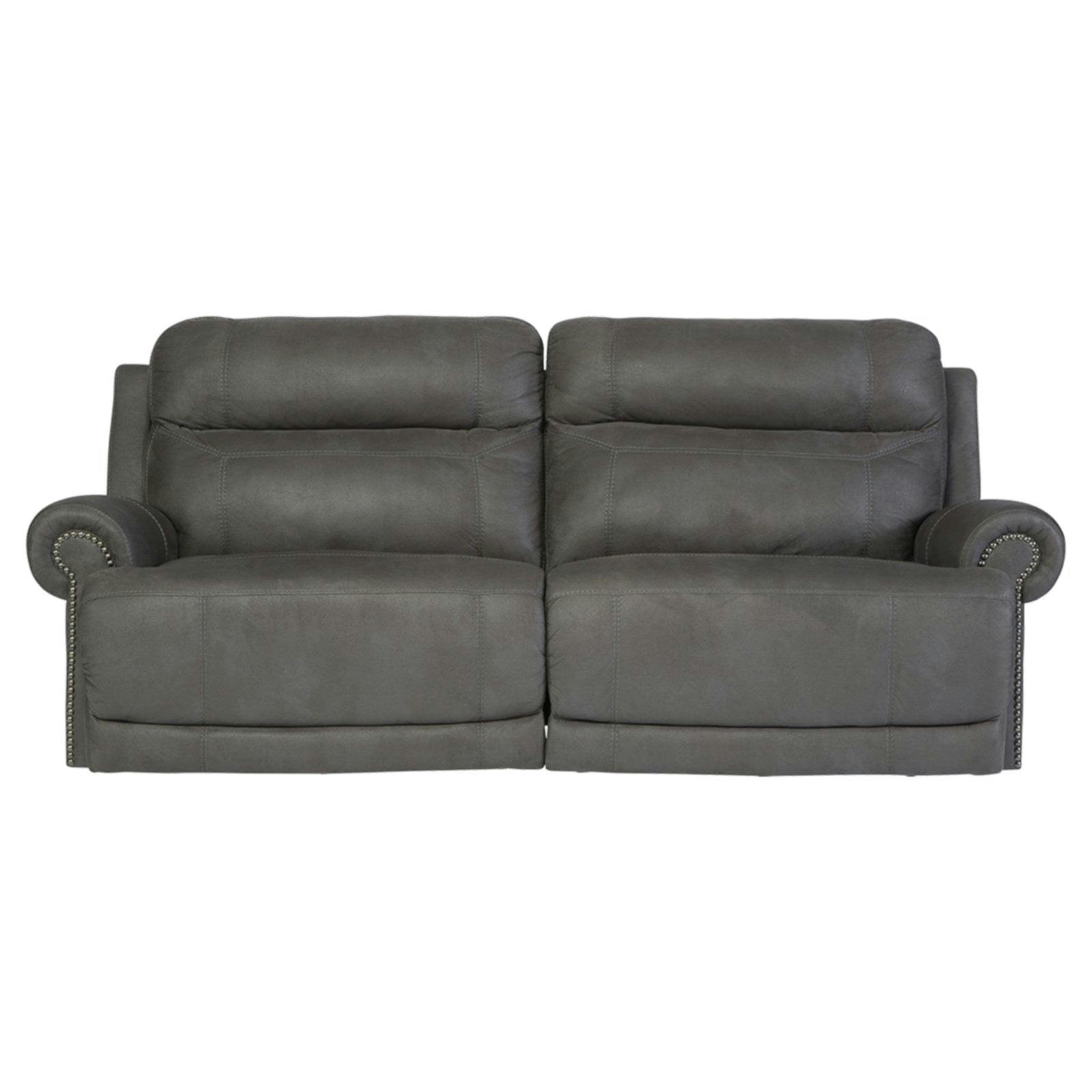 Luxurious Light Gray Faux Leather Reclining Sofa with Nailhead Accents