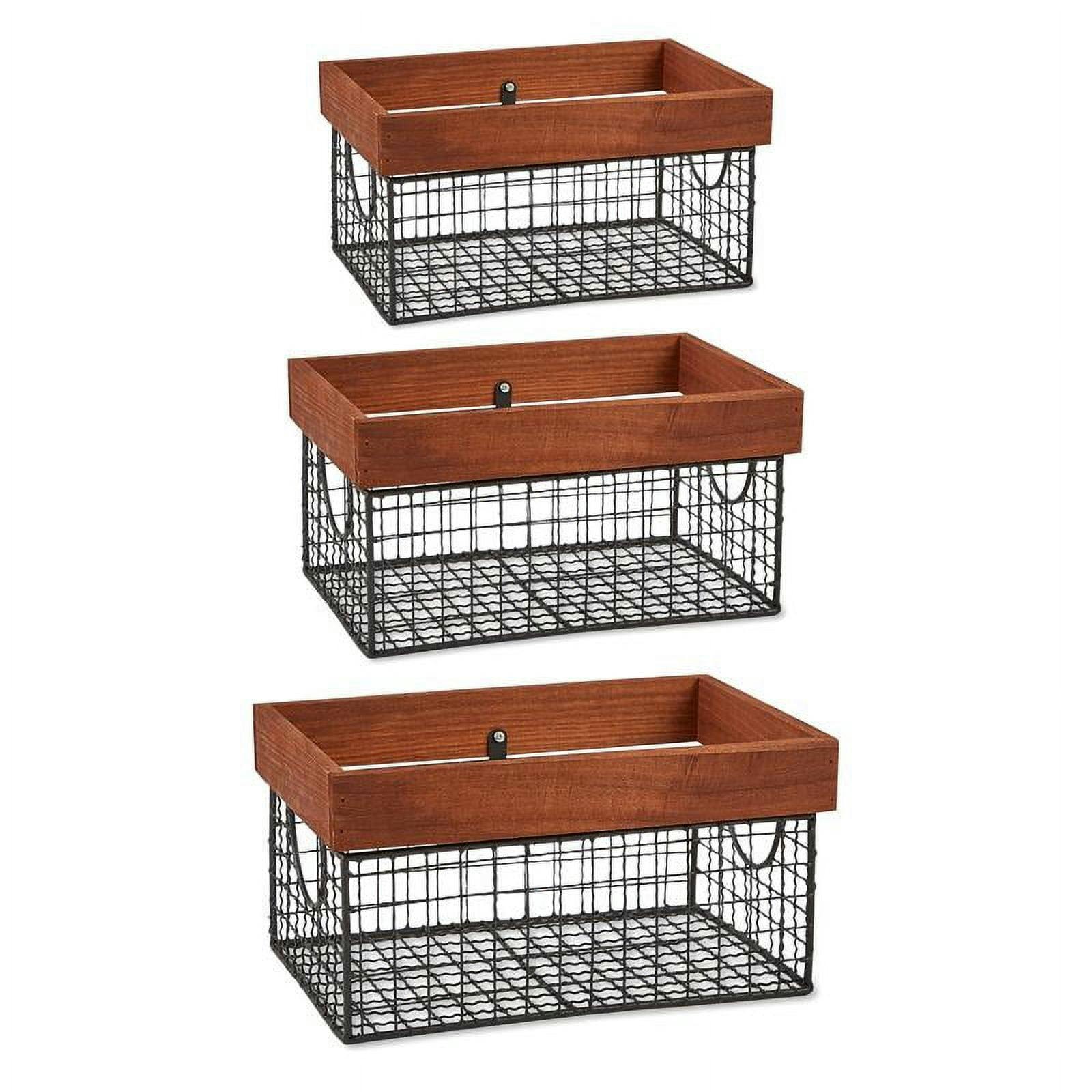 Rustic Bronze and Wood Nesting Kitchen Storage Baskets, Set of 3