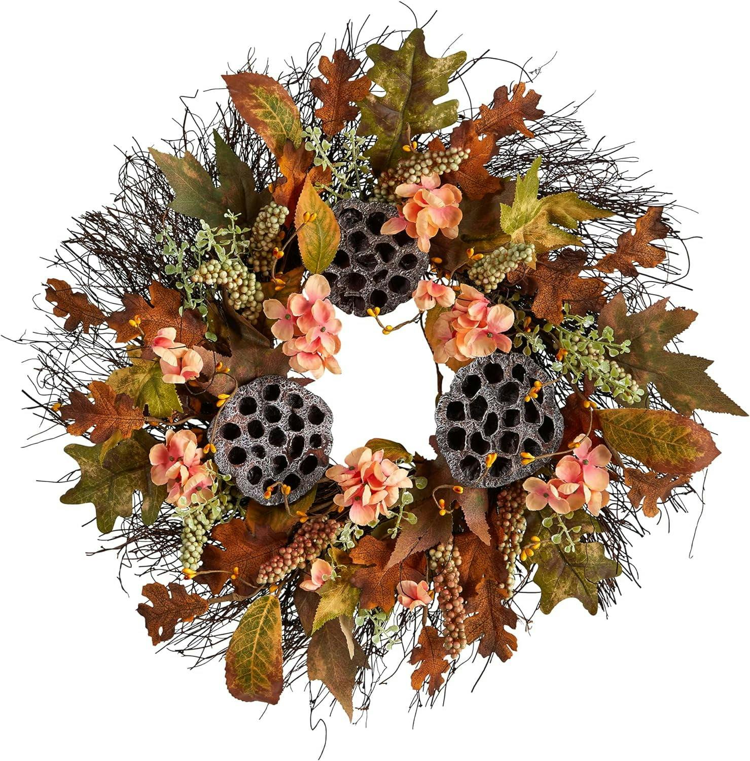 Autumn Hydrangea and Dried Lotus Pod 22" Artificial Fall Wreath