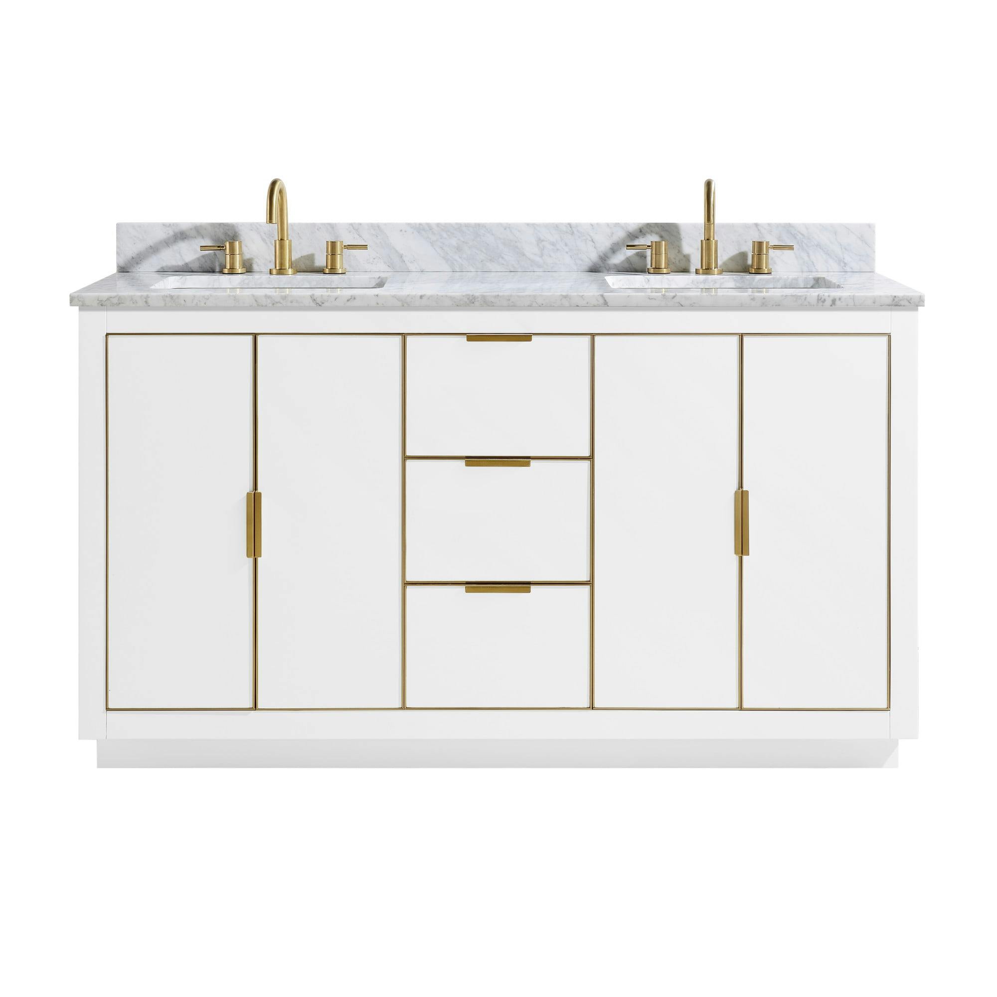Contemporary 60" White Double Vanity with Marble Top and Gold Accents