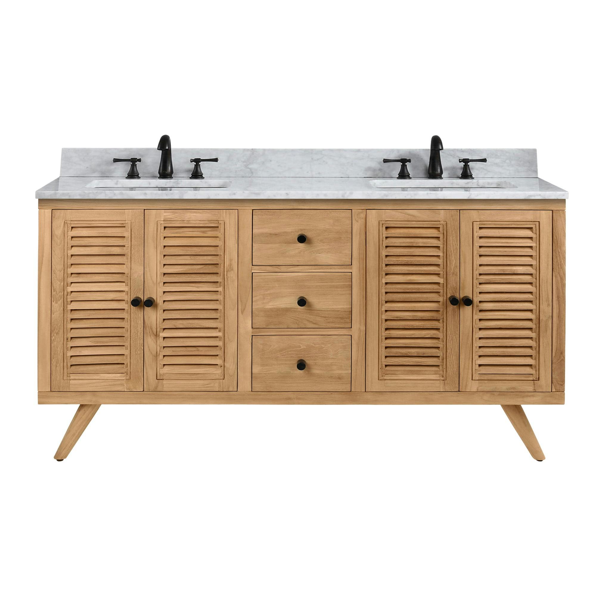 Transitional 61" Teak Double Vanity with Marble Top & Undermount Sinks