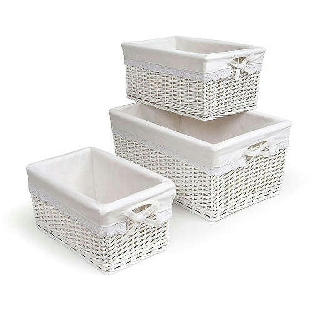 Nesting White Wicker Storage Basket Trio with Removable Liners