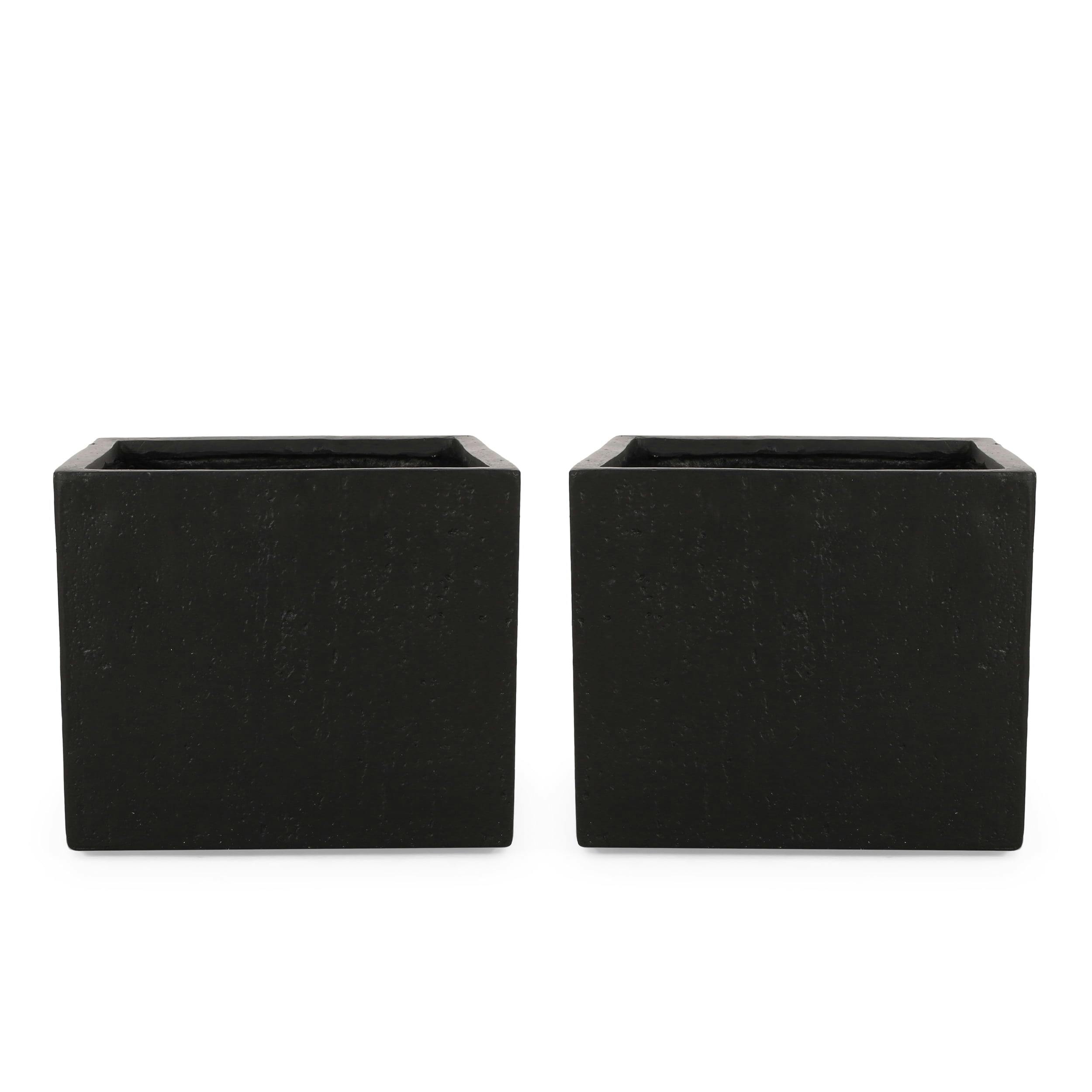 Elegant Square Cast Stone Outdoor Planter Set, Black, Set of 2