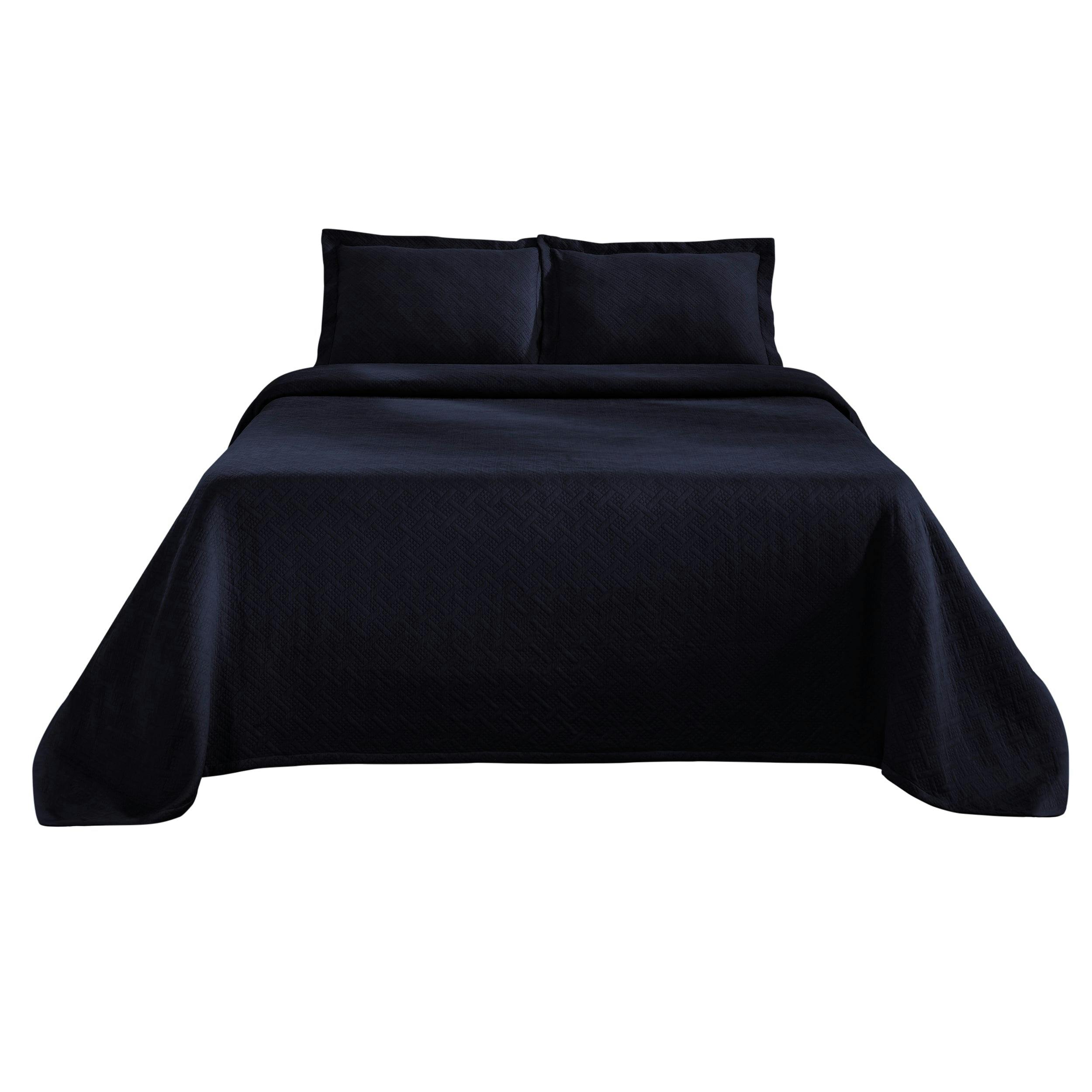 Elegant Navy Blue Cotton Basketweave Queen Bedspread Set