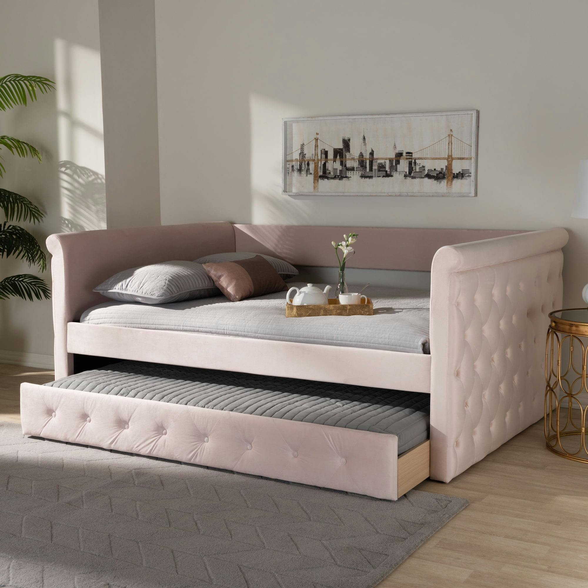 Elegant Full-Size Velvet Daybed with Tufted Upholstery and Pull-Out Trundle, Light Pink