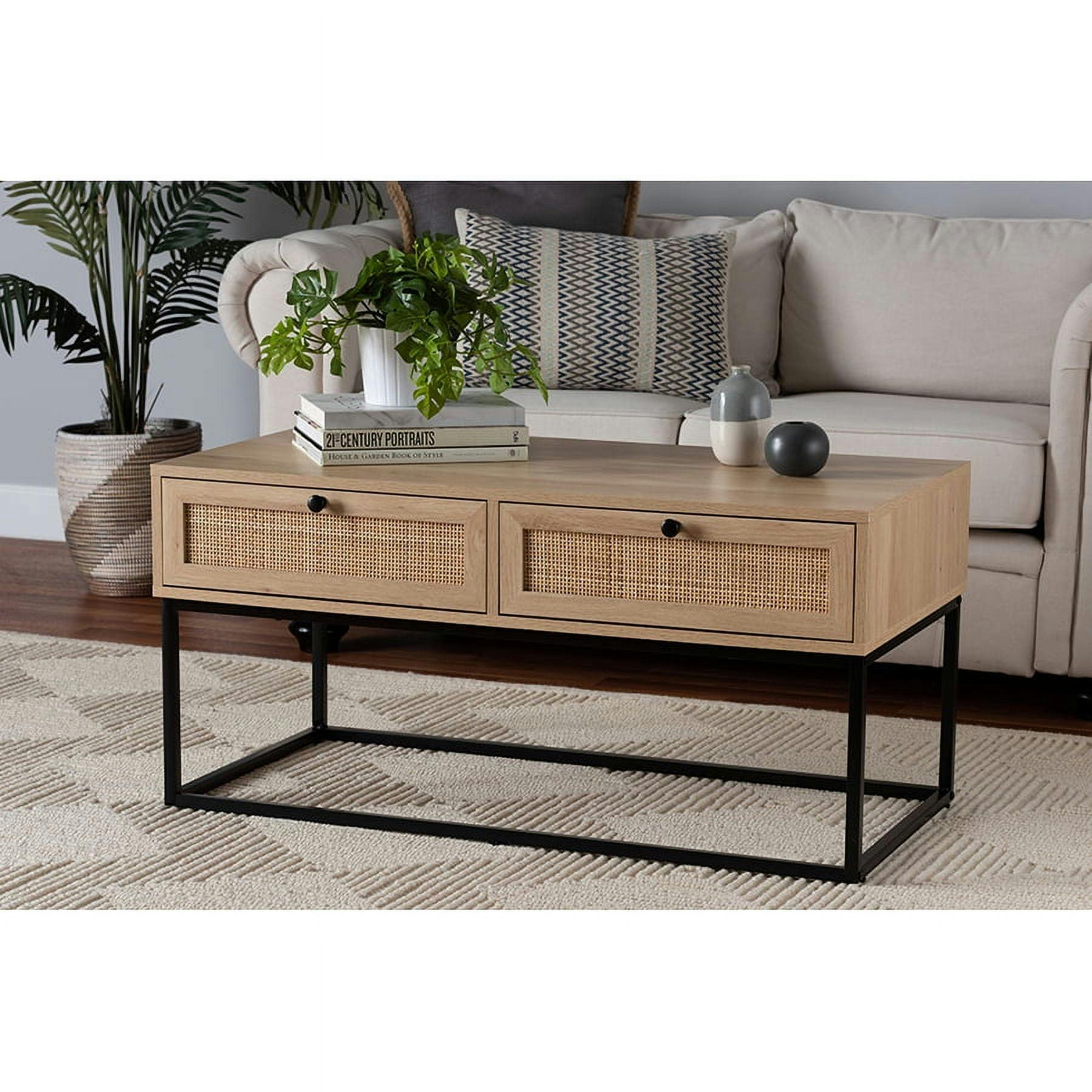 Transitional Natural Brown Wood 2-Drawer Coffee Table with Renaissance Rhapsody Accents