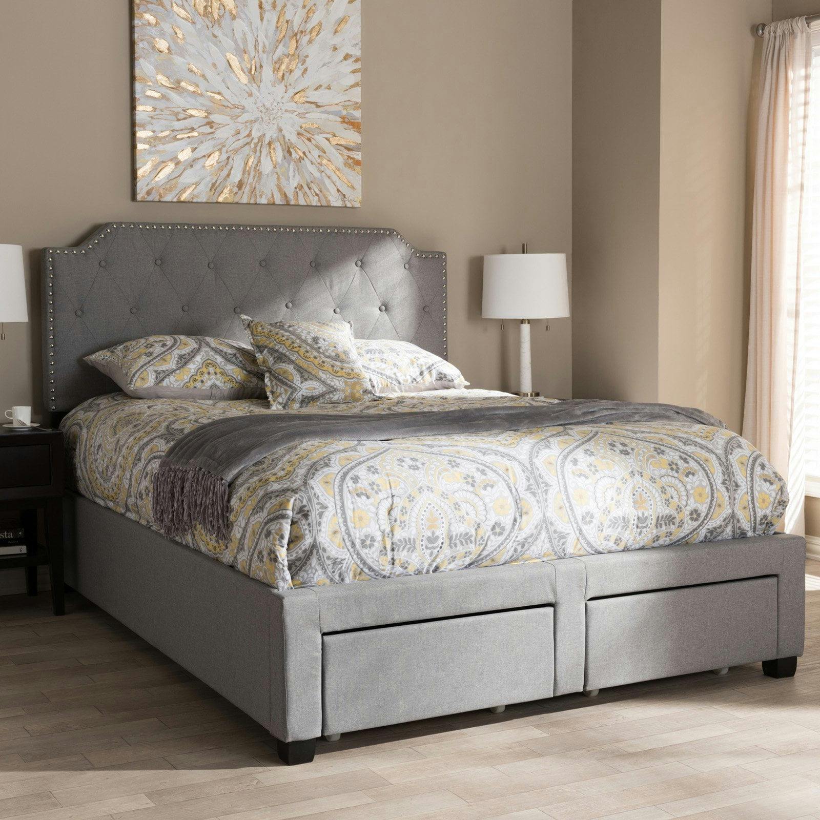 Aubrianne Queen Gray Upholstered Storage Bed with Nailhead Trim