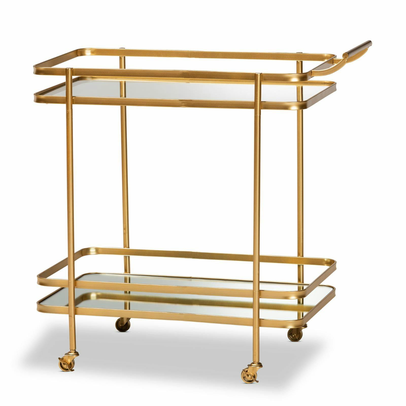 Destin 31.7'' Gold Brushed Metal 2-Tier Wine Bar Cart with Glass Shelves
