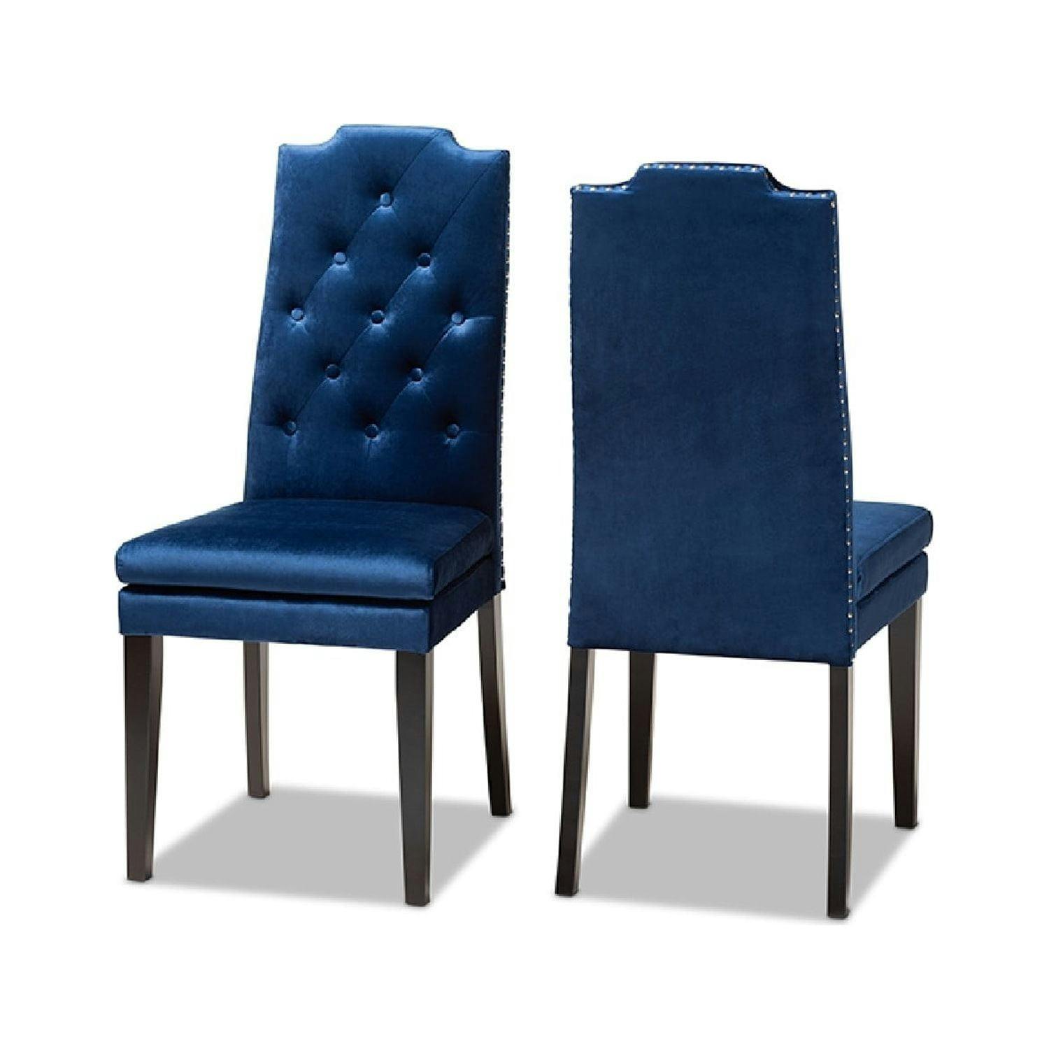 High-Back Navy Blue Velvet Upholstered Wood Side Chair