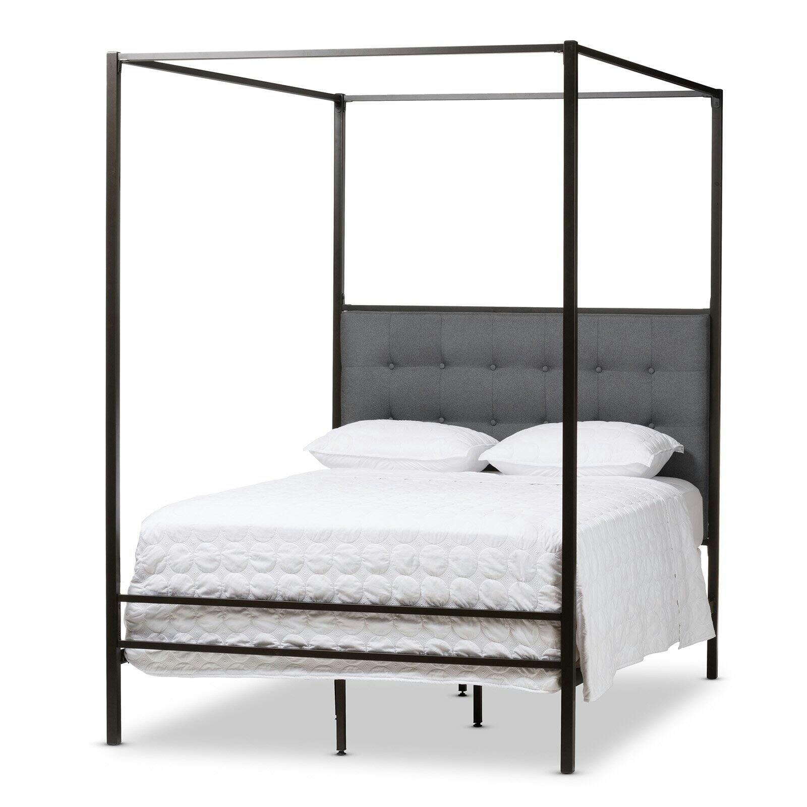 Eleanor Vintage Black Metal Queen Canopy Bed with Tufted Gray Upholstery