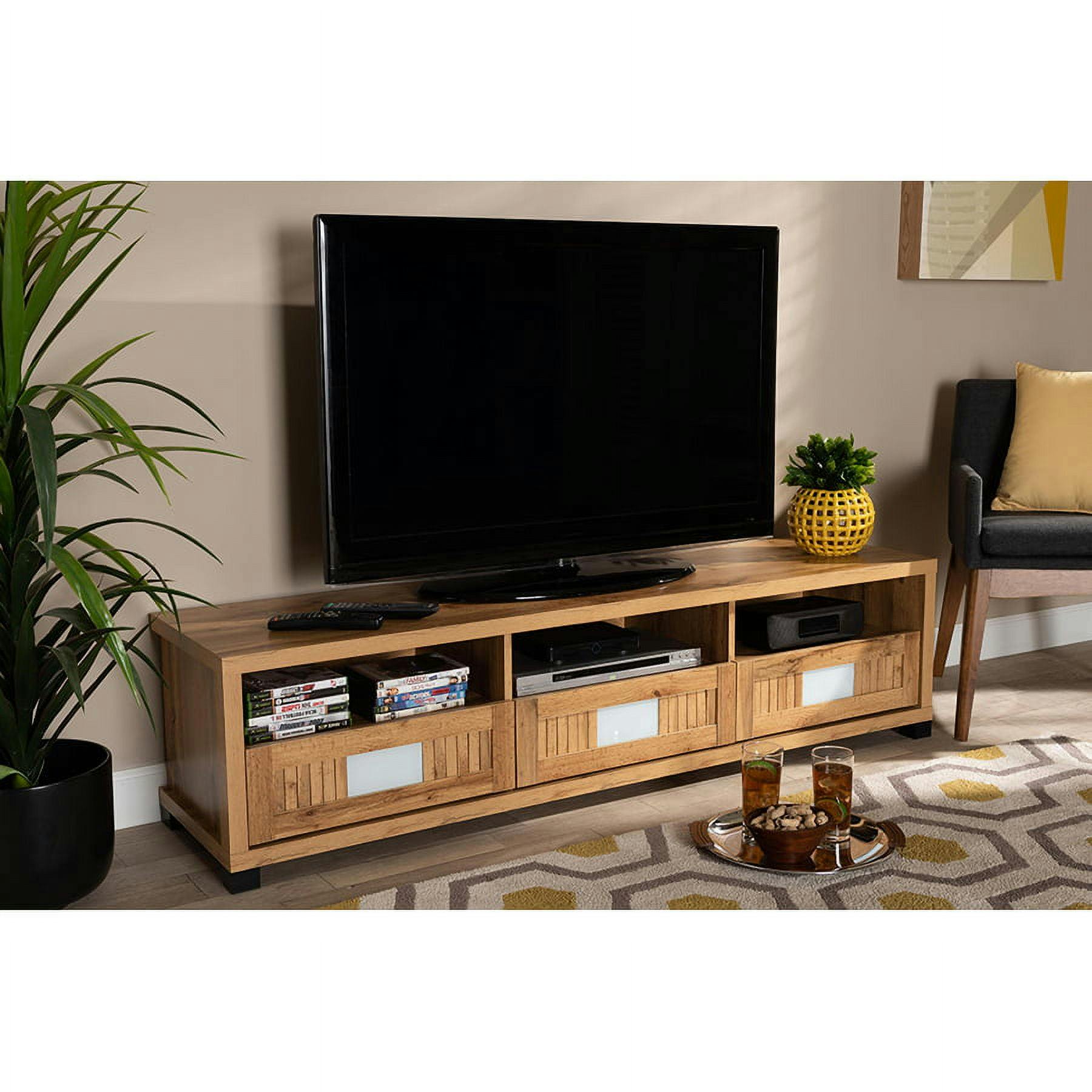 Modern Oak Brown Finished Wood TV Stand with Frosted Glass Accents