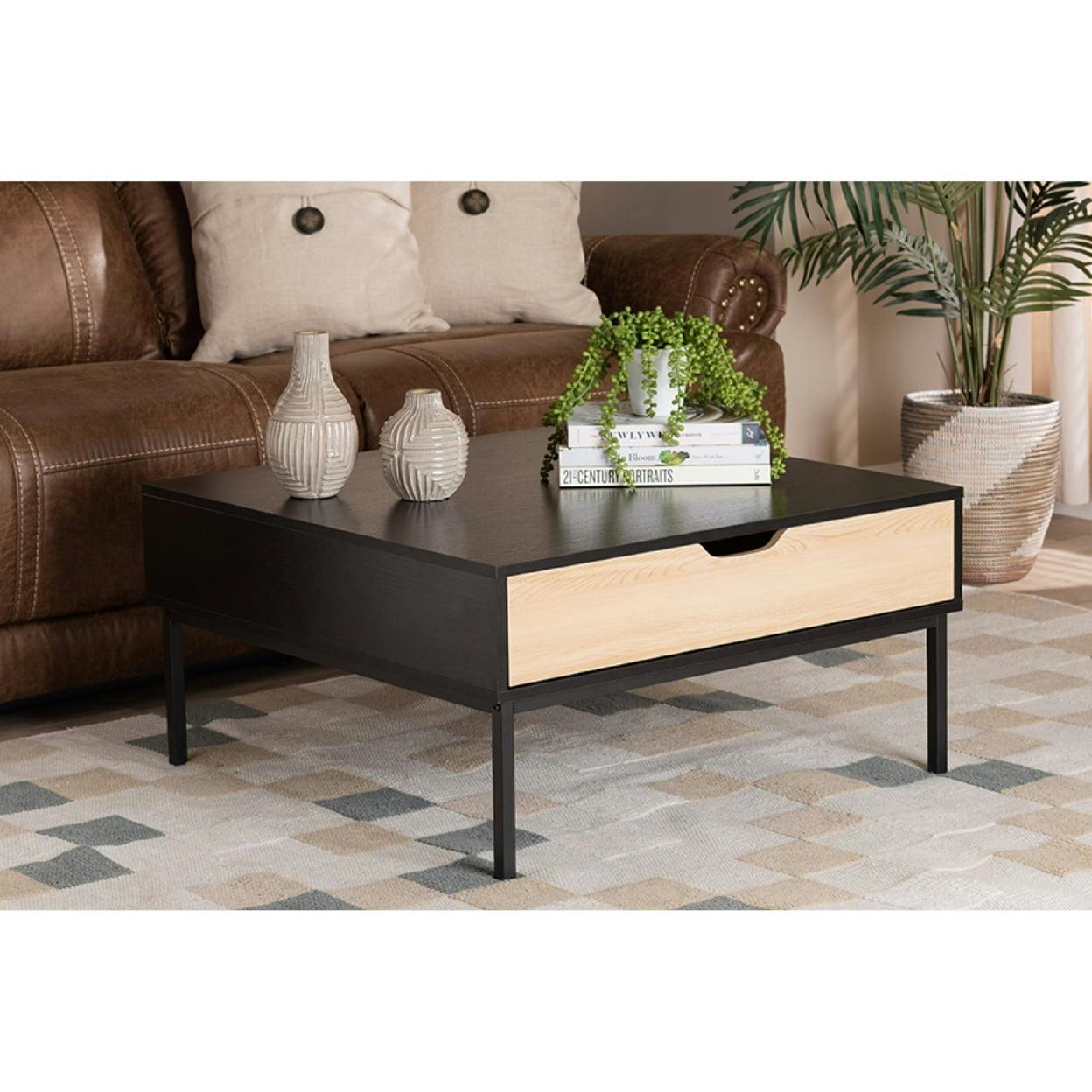 Sleek Two-Tone Oak and Black Square Coffee Table with Storage